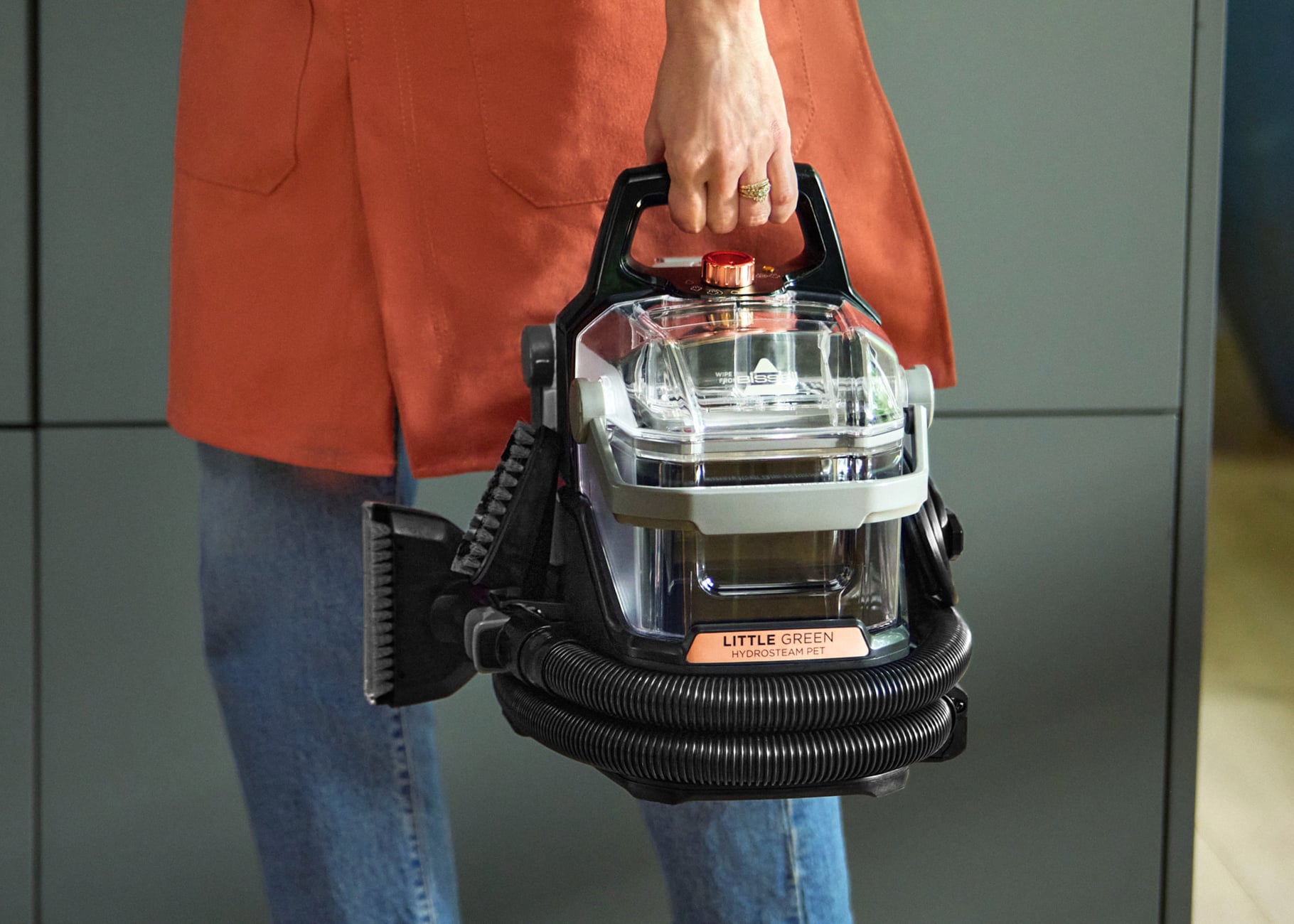 Carrying Little Green HydroSteam across room