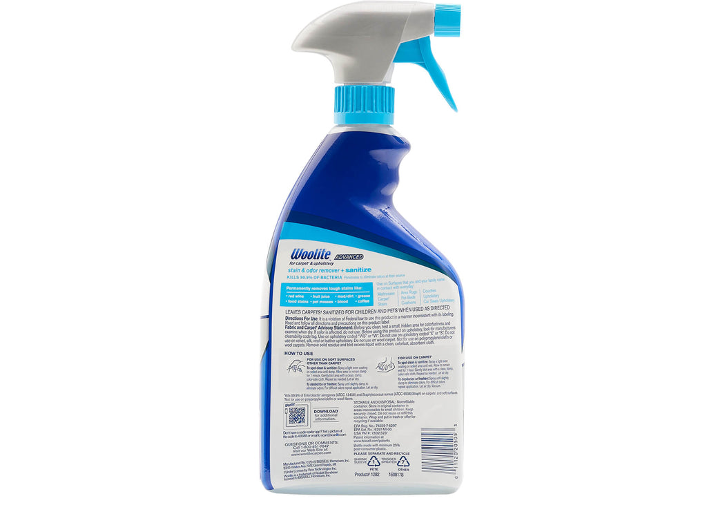 Woolite Advanced Stain Odor Remover Plus Sanitize Back
                        of Bottle