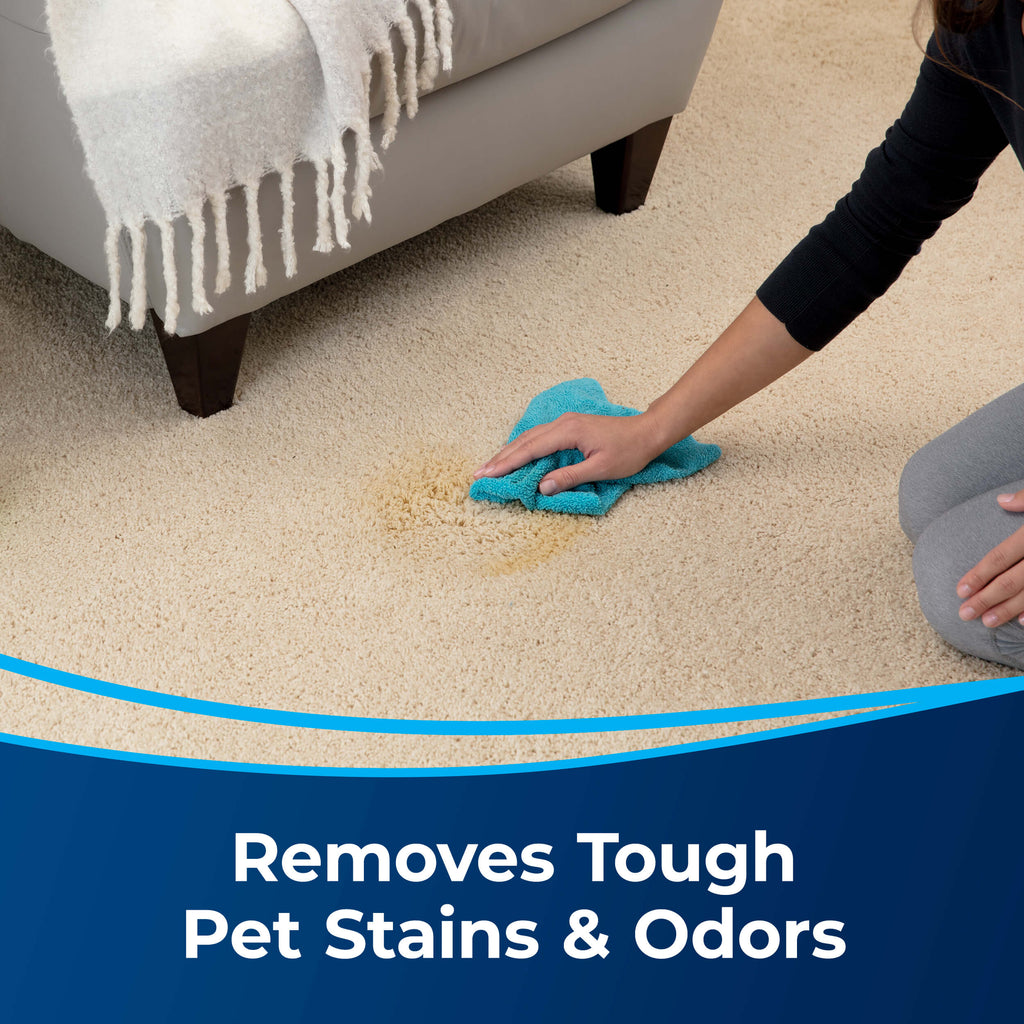 PET PRO OXY Stain Destroyer Formula Trigger Blotting
                        Stain on Carpet. Text: Removes Tough Pet Stains & Odors