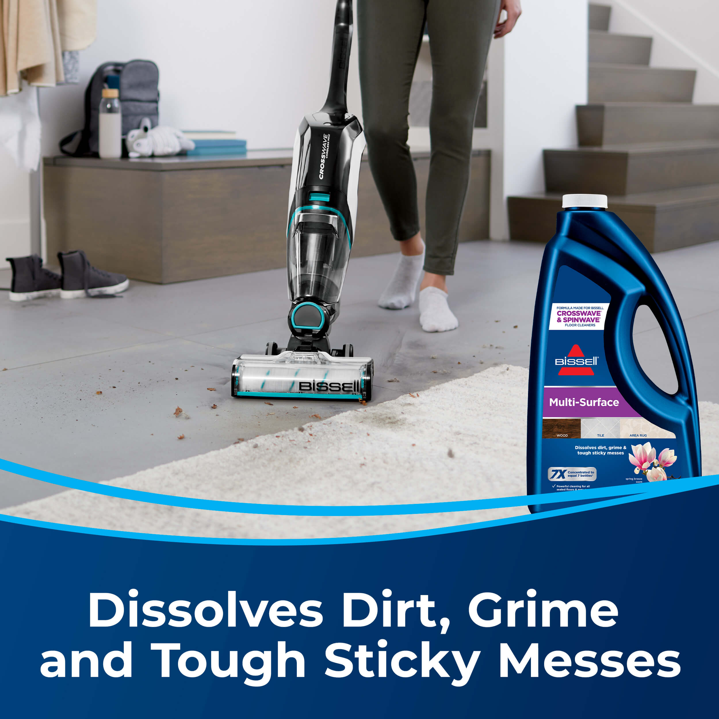 CrossWave using Multi-Surface Floor Cleaning Formula
                        on hard floor and area rug