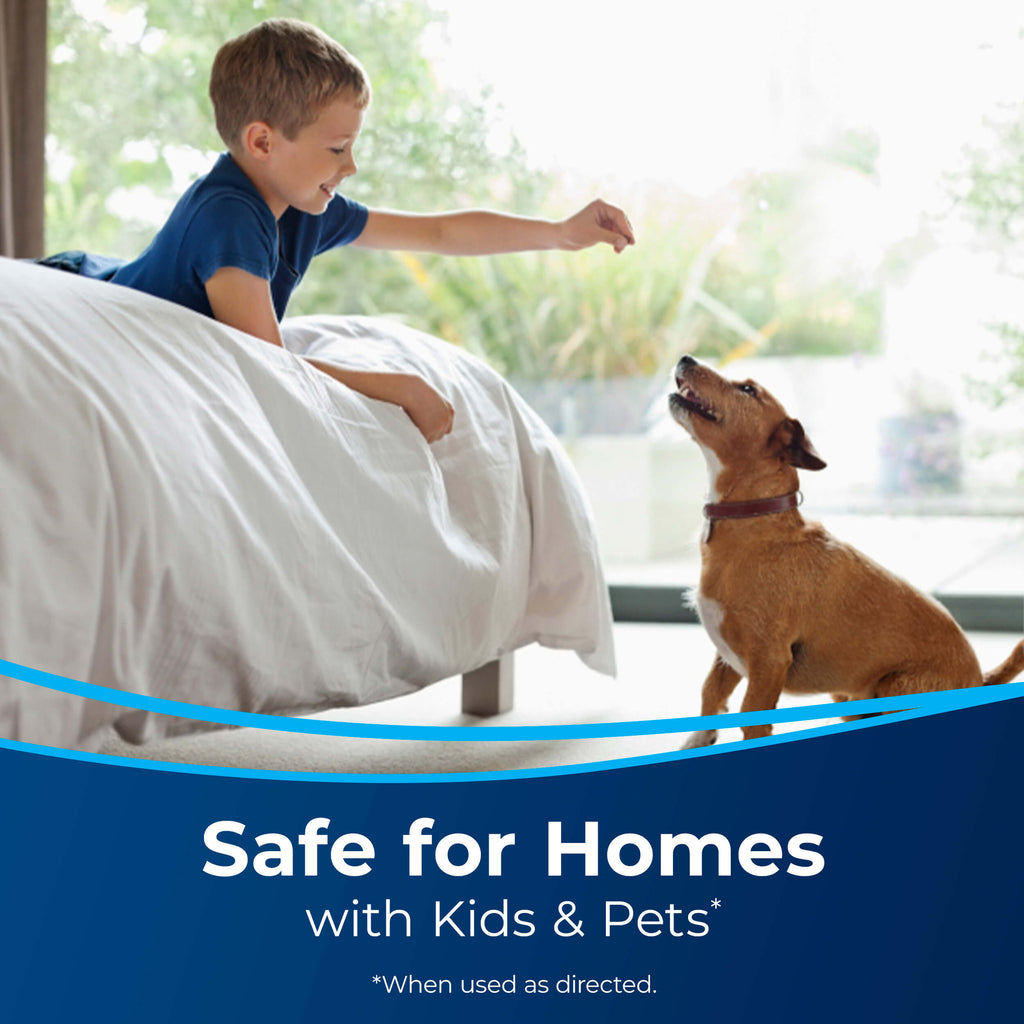 Boy and Dog Playing, Text: Safe for Homes With Kids
                        and Pets, When Used as Directed.