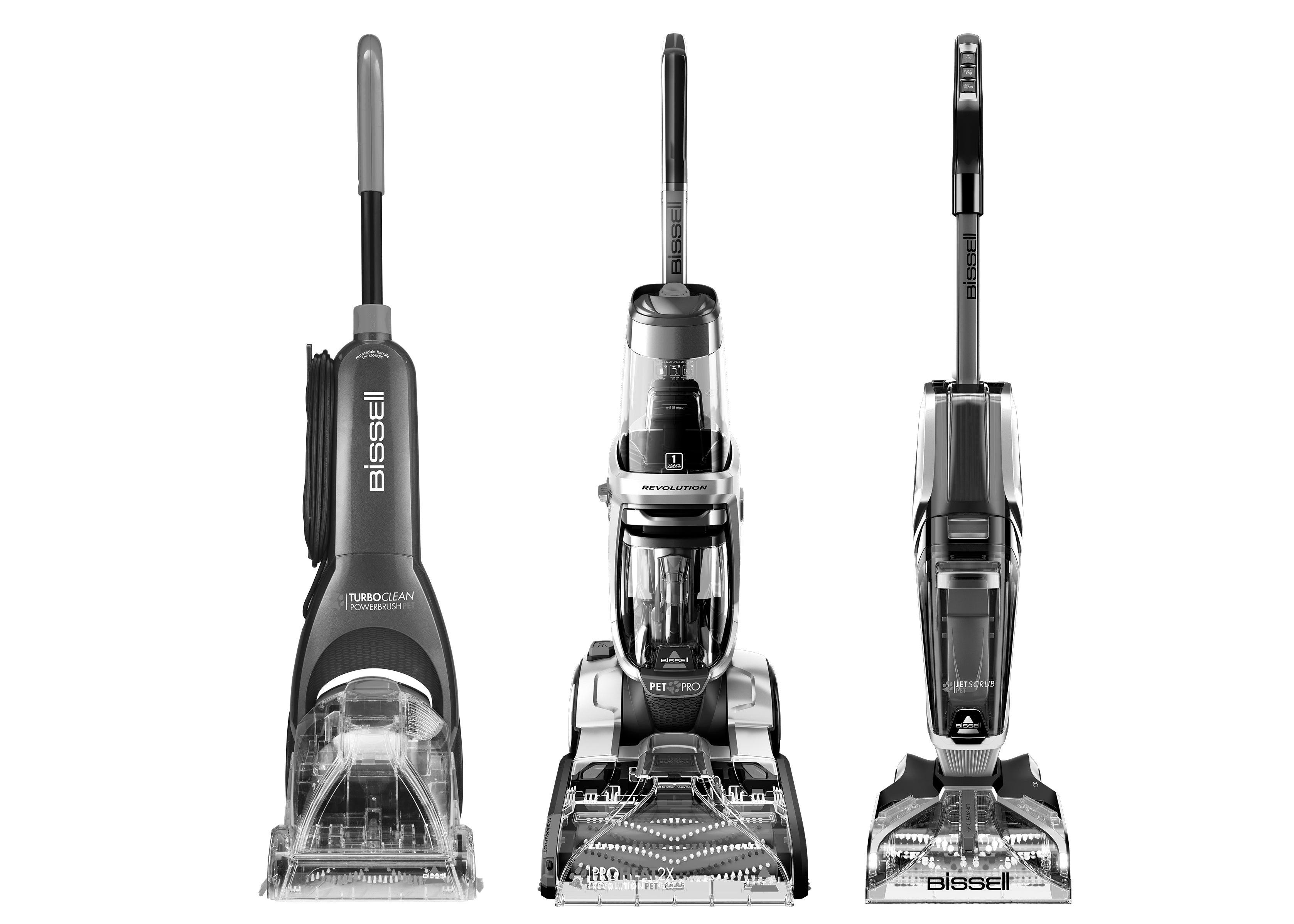Three BISSELL Upright Carpet Cleaners.