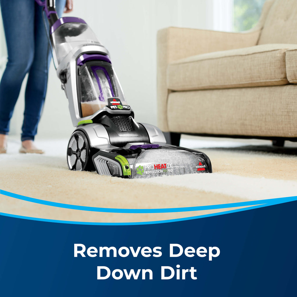 Using ProHeat 2X Revolution Pet Pro to Clean Carpet.
                        Text: Removes Deep Down Dirt