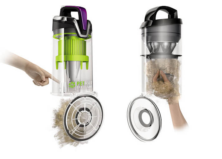 Left side Pet Hair Eraser Turbo Dirt Tank Emptied with push of button Right side Ordinary Vacuum with Hand reaching up into Dirt Tank