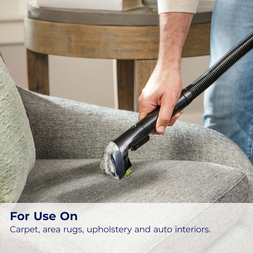Using Hose with Tool on upholstery. Text: For Use On
                        Carpet, Area Rugs, Upholsetry, and auto interiors