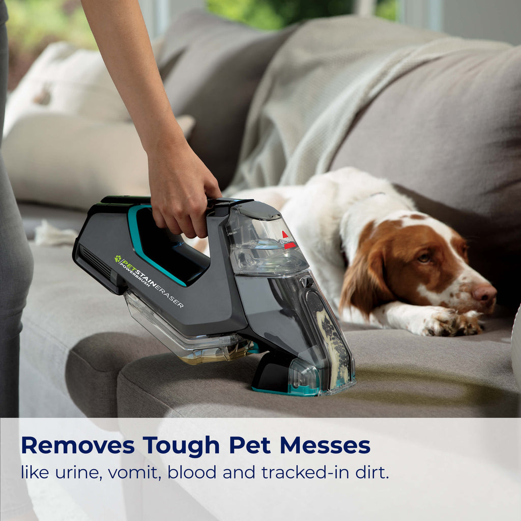 Dog Laying on Couch Person using Pet Stain Eraser To
                        clean upholstery of couch. Text: Removes Tough Pet Messes like urine, vomit,
                        blood and tacked in dirt.