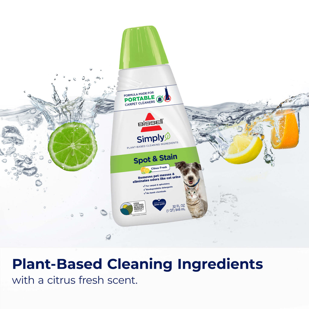 Bottle of Simply Spot And Stain Formula Bottle with
                        citrus around it. Text: Plant-Based Cleaning Ingredients with a citrus fresh
                        scent.