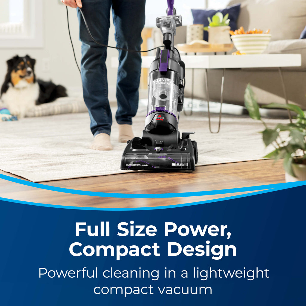 CleanView Vacuuming Area Rug going to Hard Flooring.
                        Text: Full Size Power, Compact Design. Powerful cleaning in a lightweight
                        compact vacuum