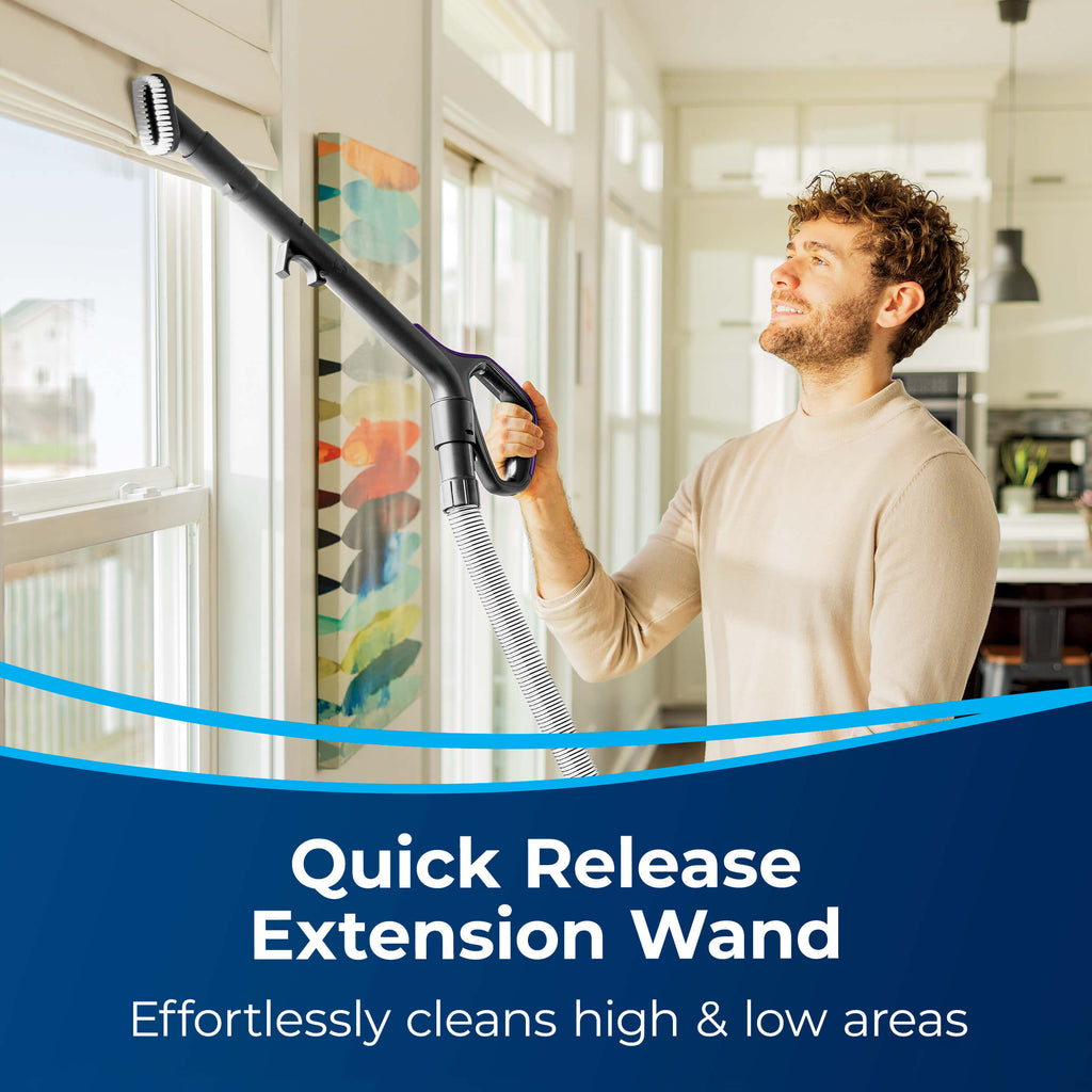 Using Extension Wand on hose to vacuum blinds. Text:
                        Quick Release Extension Wand Effortlessly cleans high & low areas