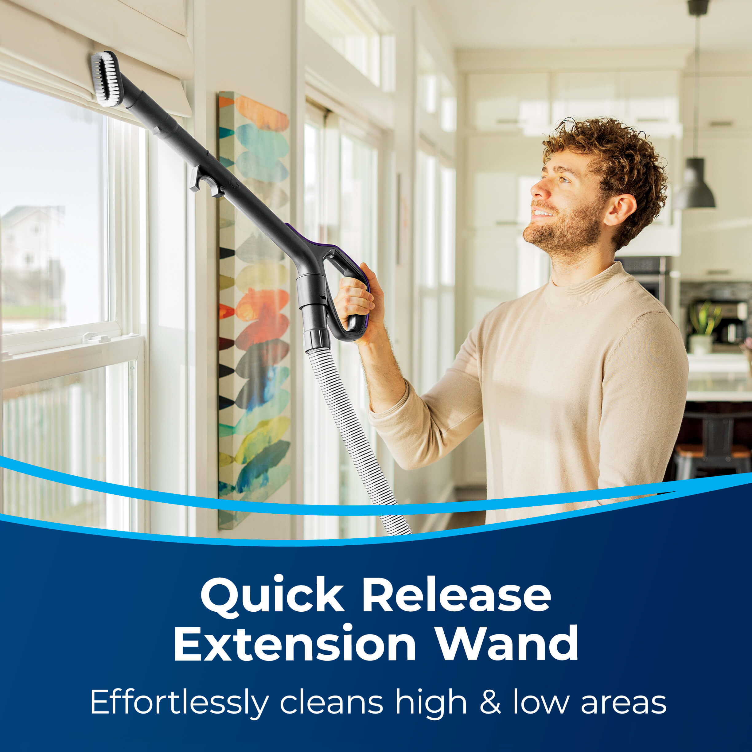 Using Extension Wand on hose to vacuum blinds. Text:
                        Quick Release Extension Wand Effortlessly cleans high & low areas