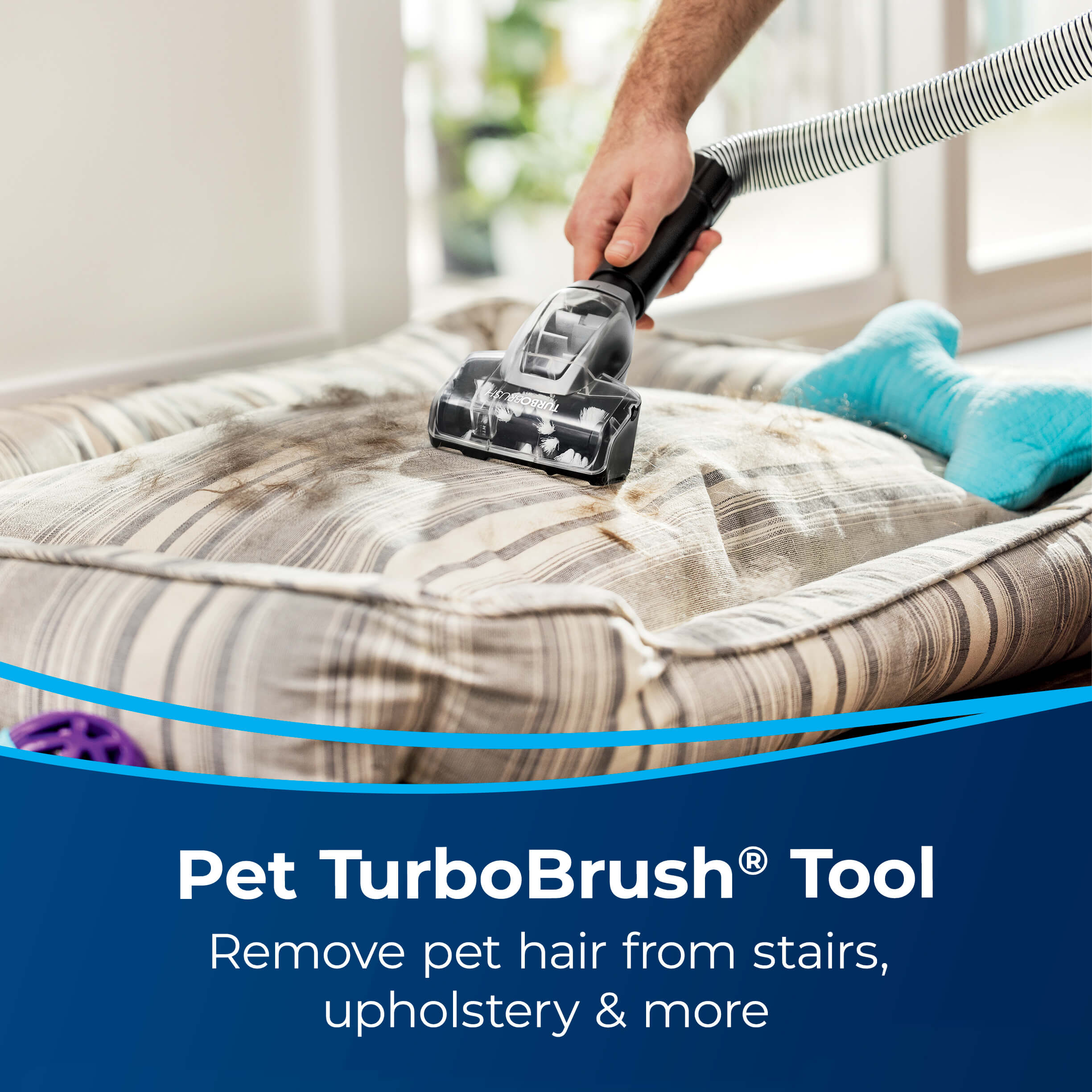 Using TurboBrush Tool on hose to vacuum pet bed. Text:
                        Pet TurboBrush Tool Remove pet hair from stairs, upholstery & more