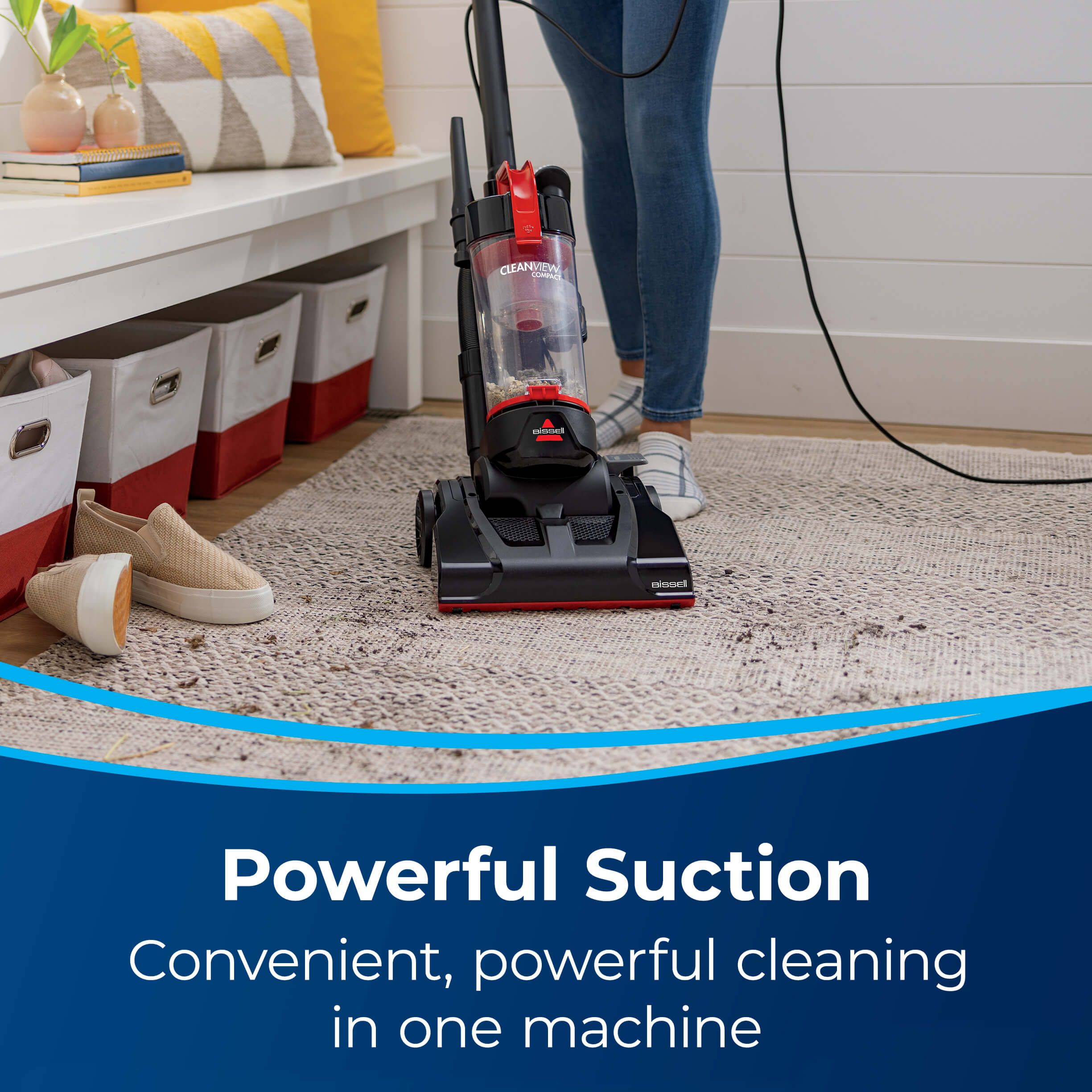 CleanView Compact Vacuuming mess on carpet. Text:
                        Powerful Suction Convenient, powerful cleaning in one machine