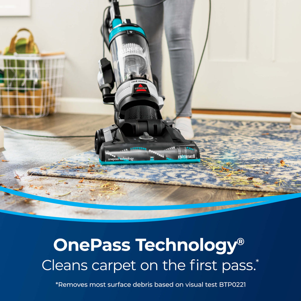 CleanView Vacuuming Area Rug. Text: OnePass Technology
                        Cleans Carpet on The First Pass.