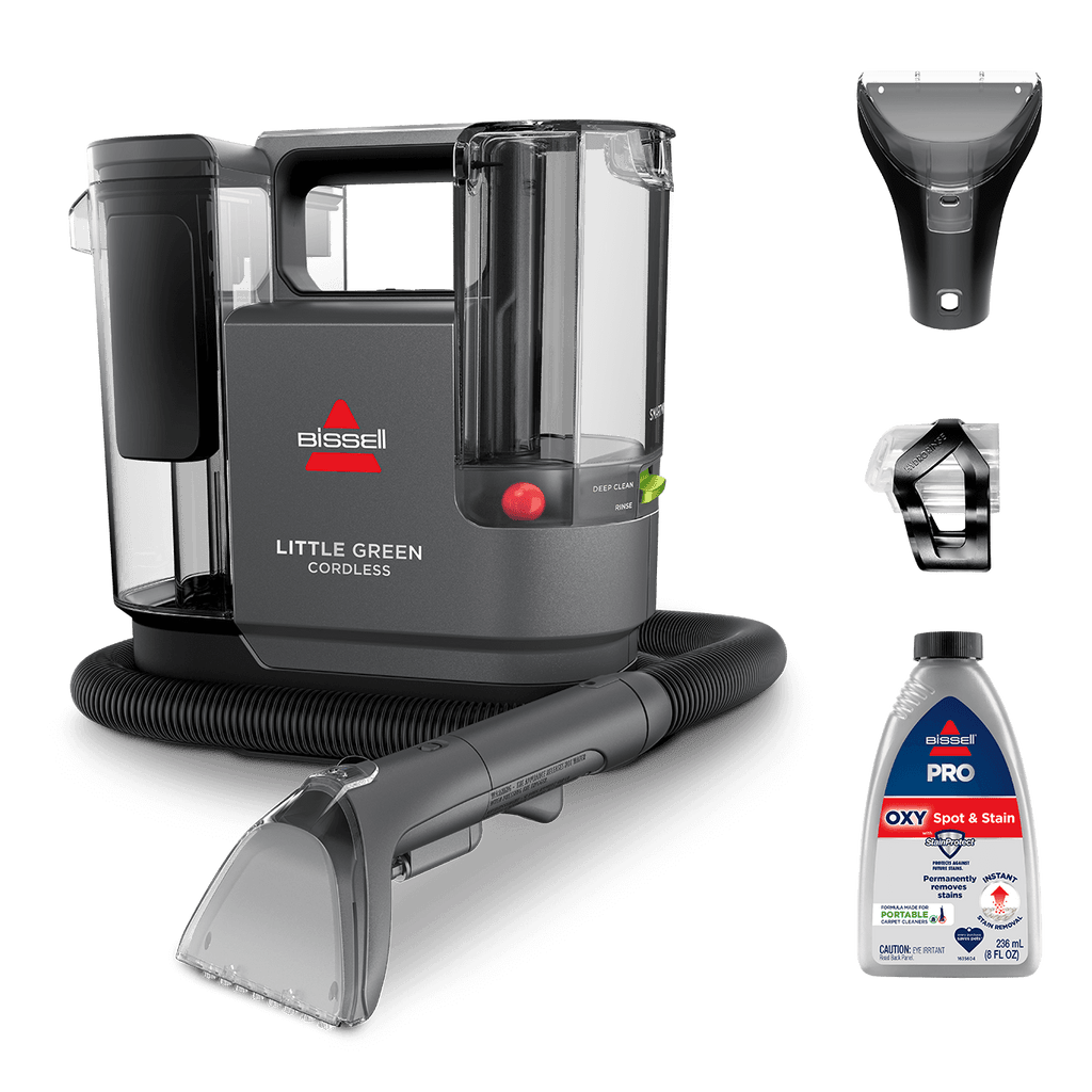 Little Green Cordless SmartMix Portable Carpet Cleaner with included trial formula and two attachments