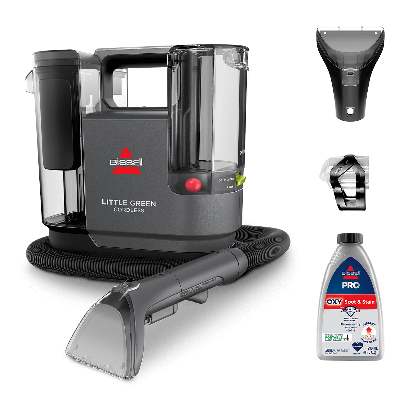Little Green Cordless SmartMix Portable Carpet Cleaner with included trial formula and two attachments