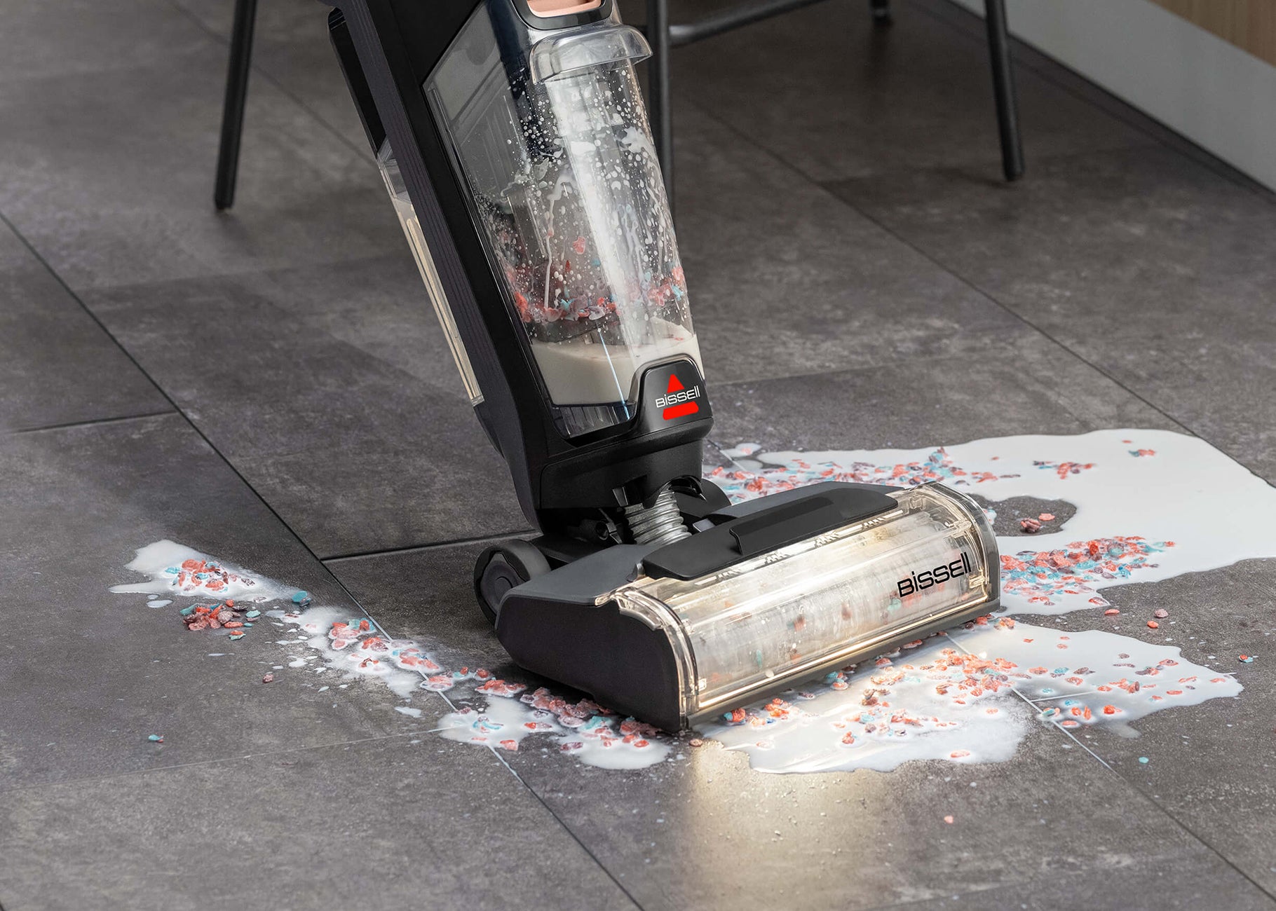 CrossWave OmniFind cleaning spilled milk and cereal
                        from tile flooring