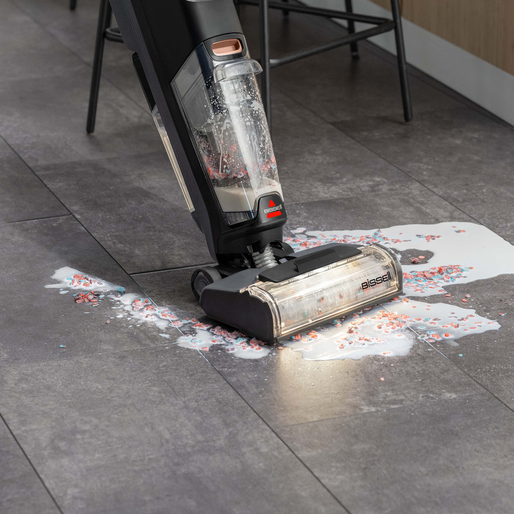 CrossWave OmniFind cleaning spilled milk and cereal
                        from tile flooring