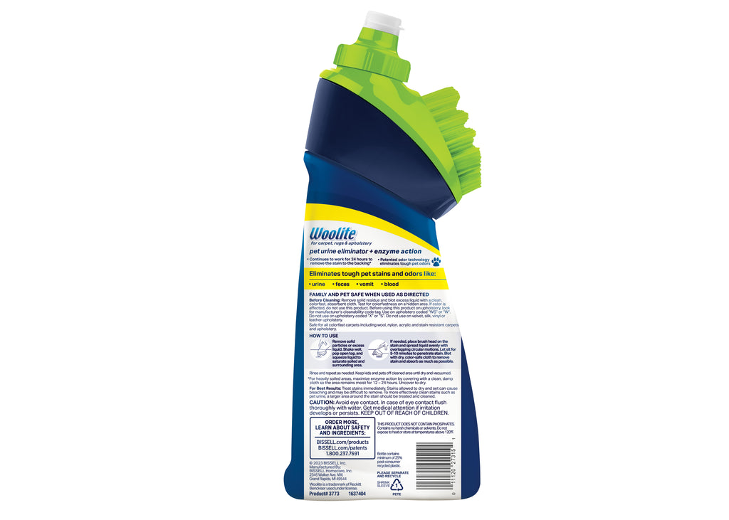 Woolte Pet Urine Eliminator formula with brush head
                        back of bottle