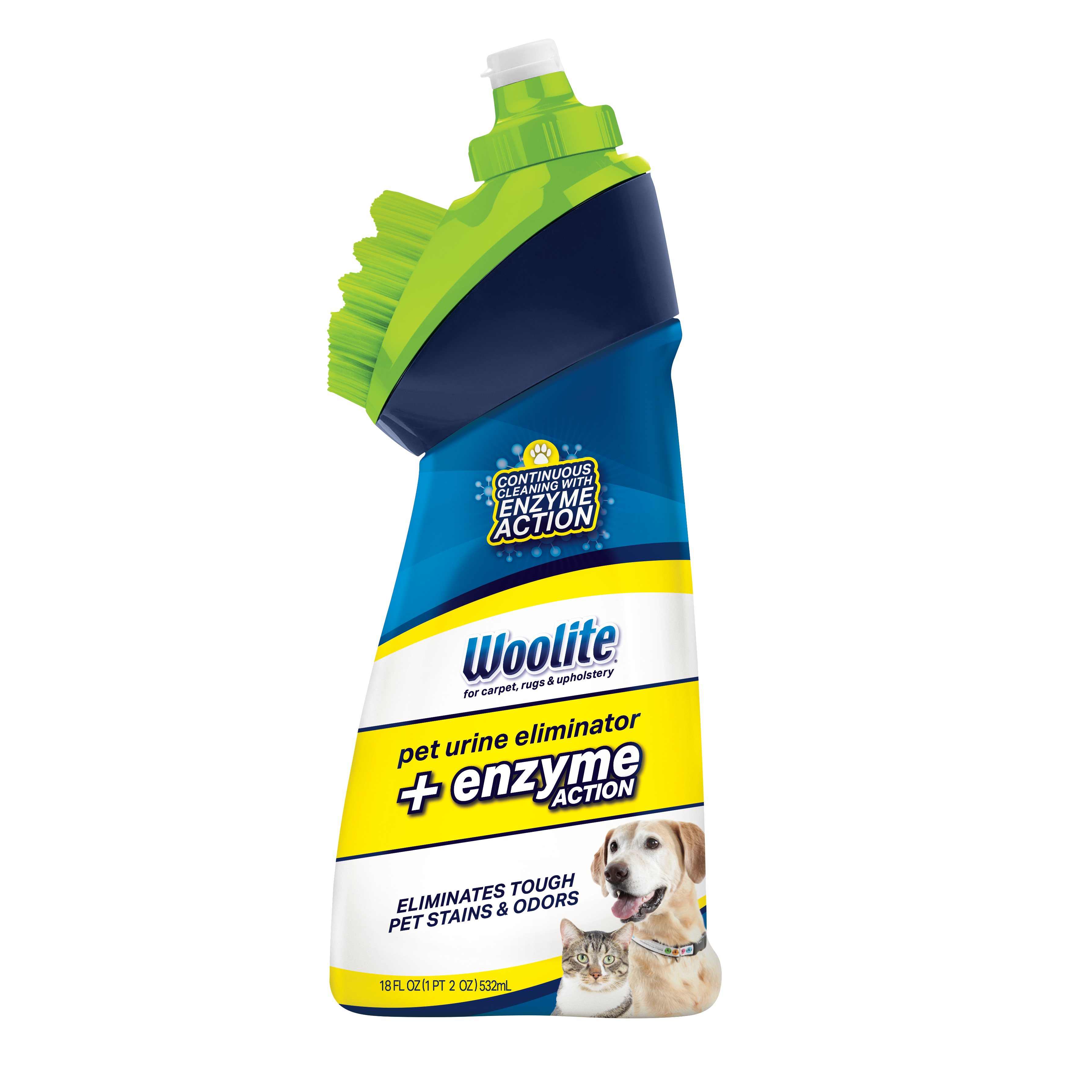 Woolte Pet Urine Eliminator formula with brush head
                        front of bottle