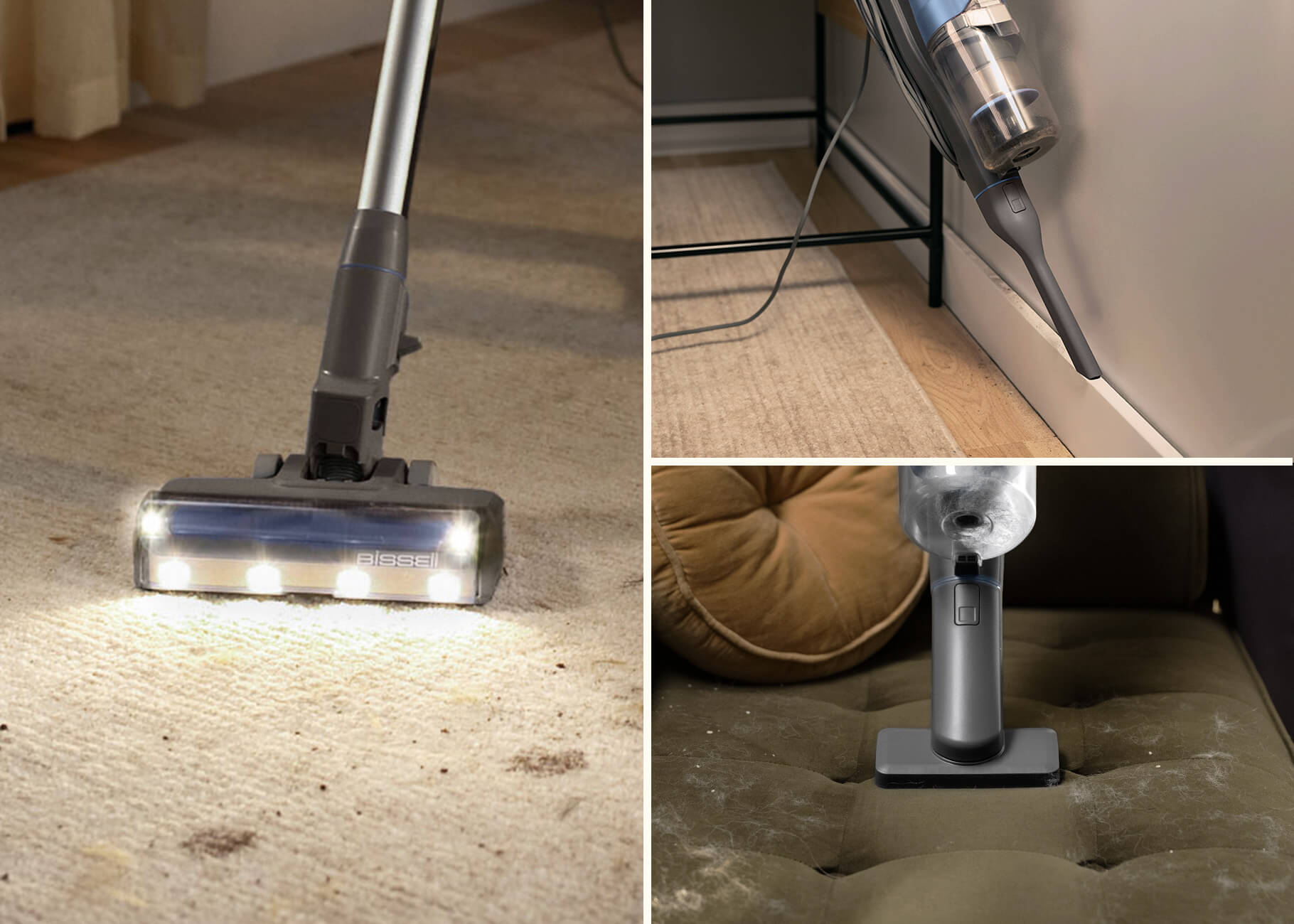 Vacuuming hard flooring, crevices with crevice tool, upholstery with upholstery tool
