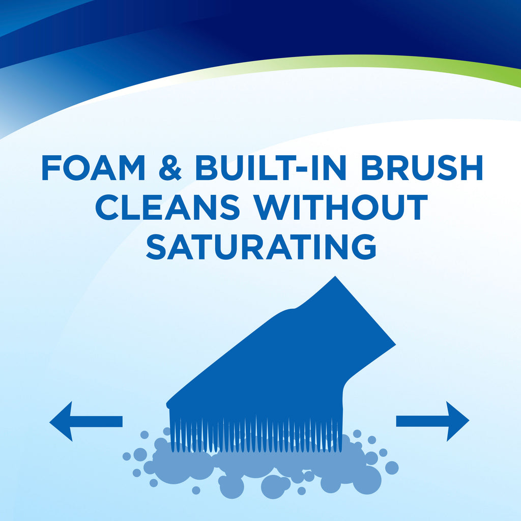 Woolite® Carpet & Upholstery Foam Cleaner Brush
                        Head working back and forth. Text: Foam & Built-in Brush Cleans Without
                        Saturating