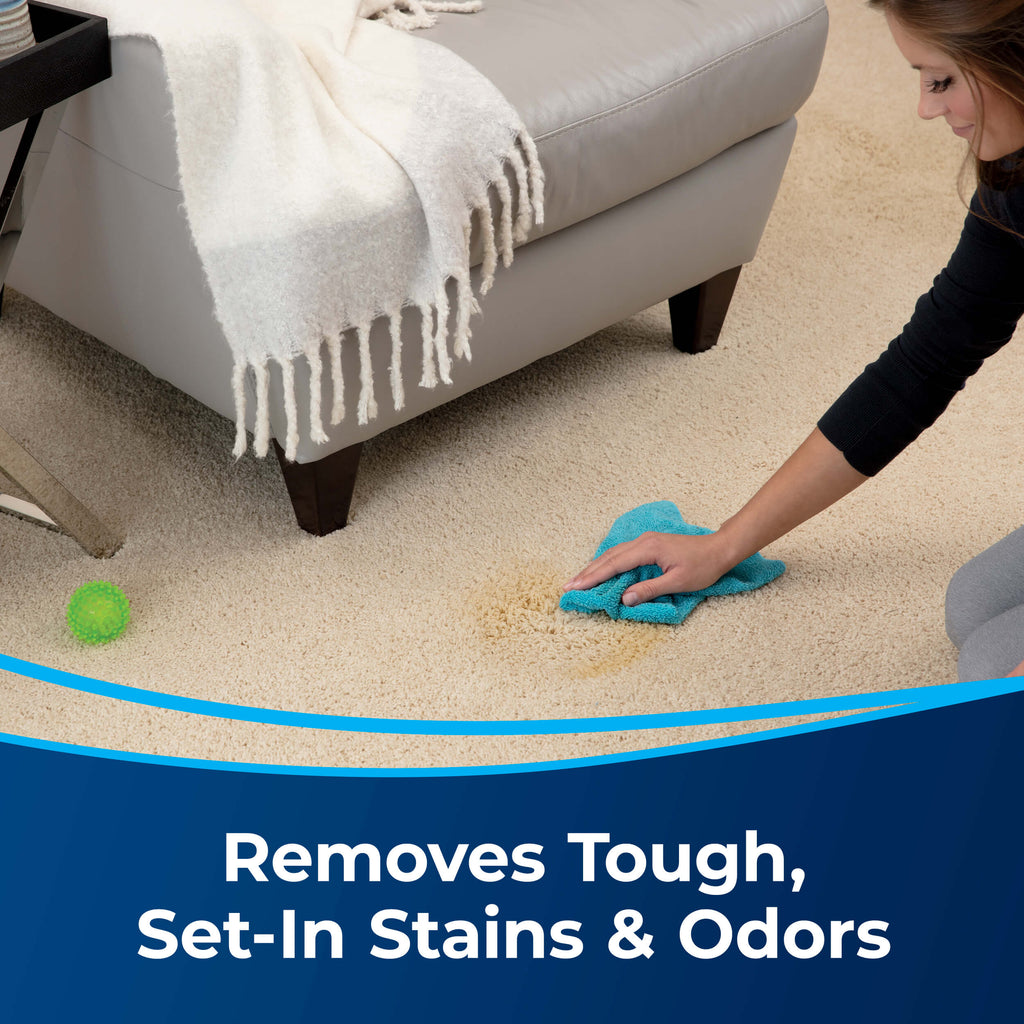 PRO OXY Power Shot Blotting Stain on Carpet. Text:
                        Removes Tough Set-In Stains & Odors.