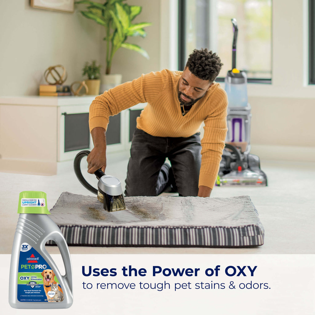 Using Portable Carpet Cleaner to clean pet bed. Text:
                        Uses for the Power of OXY to remove tough pet stains & odors