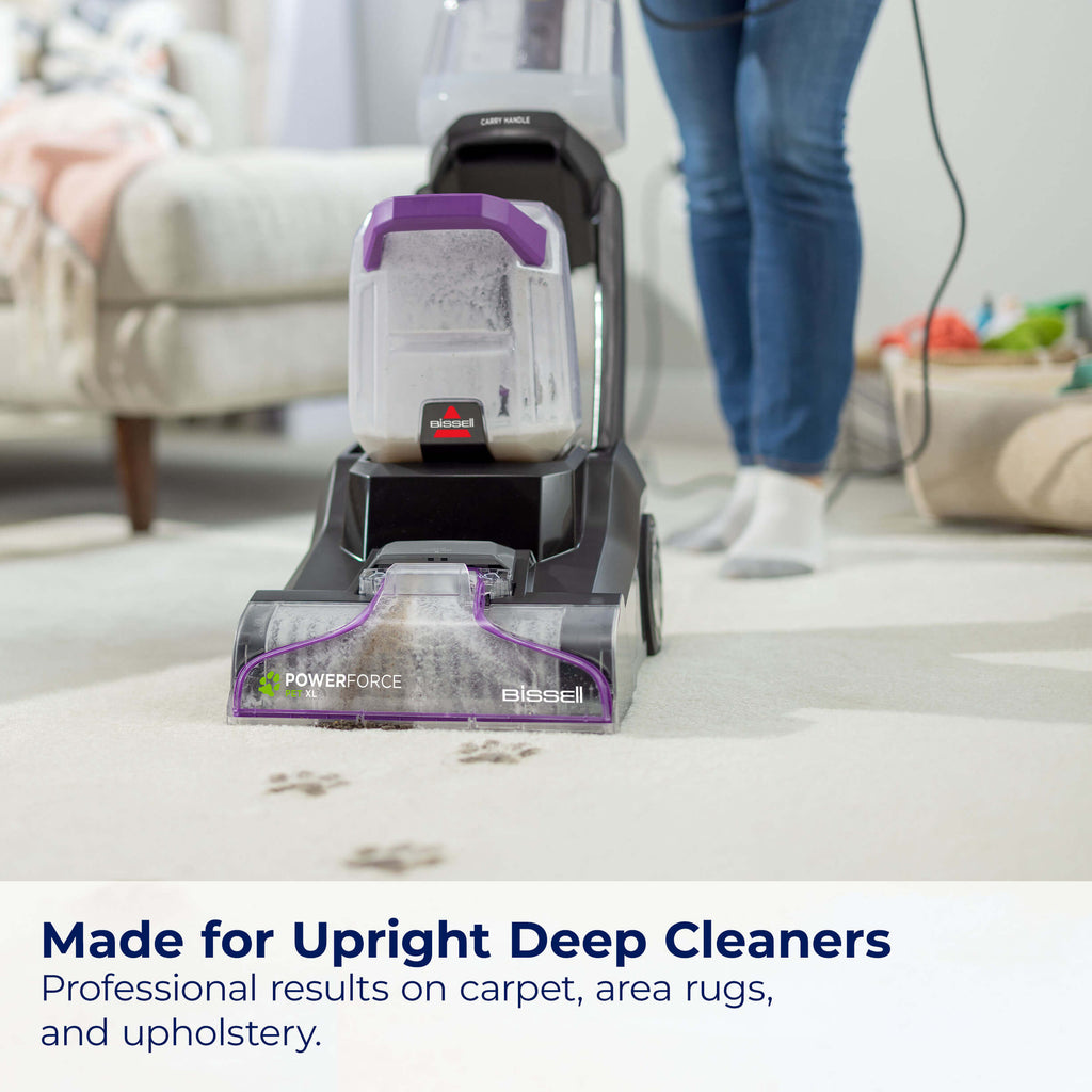 Upright Carpet Cleaner cleaning carpet. Text: Made for
                        Upright Deep Cleaners Professional results on carpet, area rugs, and
                        upholstery