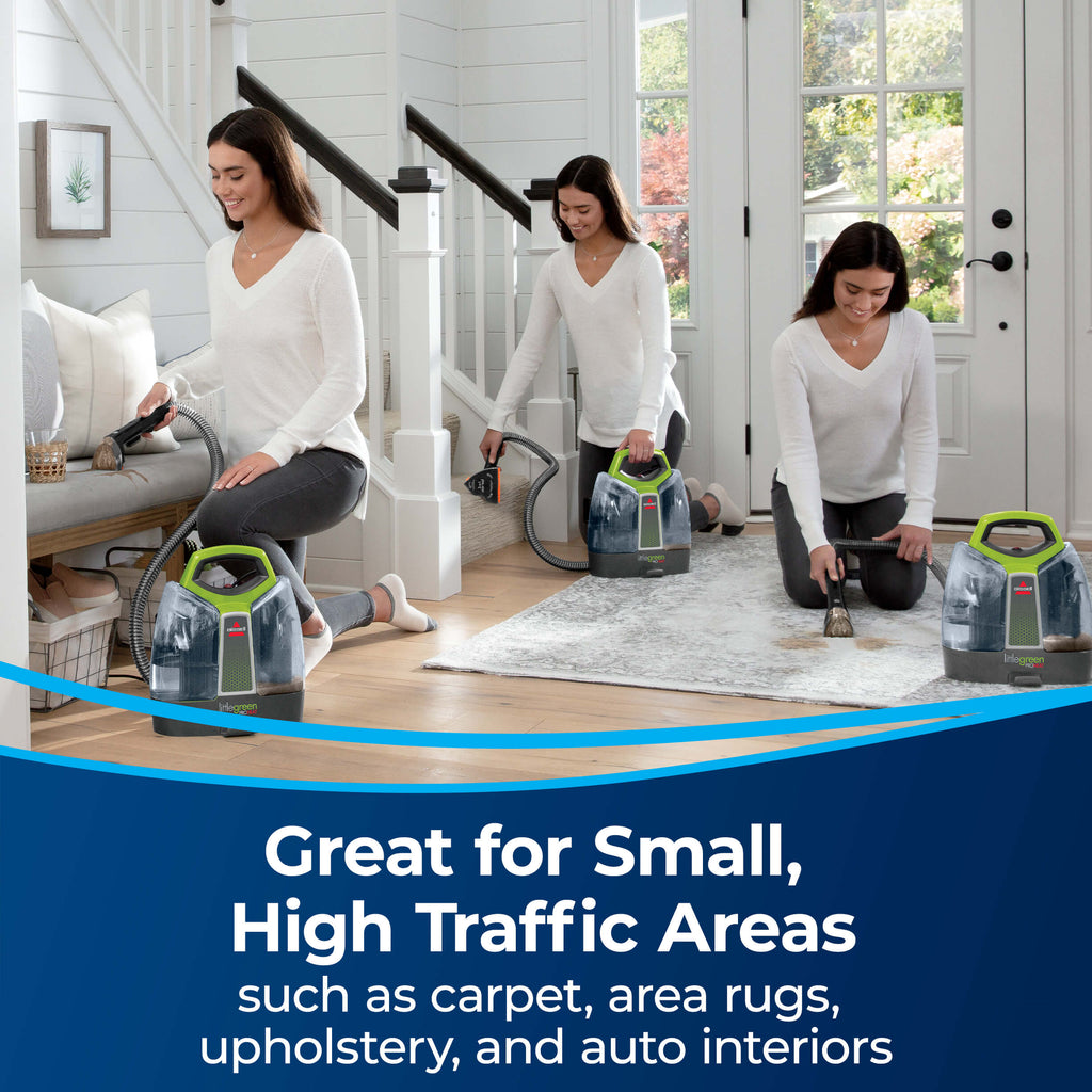 Using SpotClean Portable to clean stairs, upholstery,
                        and area rug. Text: Great for Small, High Traffic Areas such as carpet, area
                        rugs, upholstery, and auto interiors