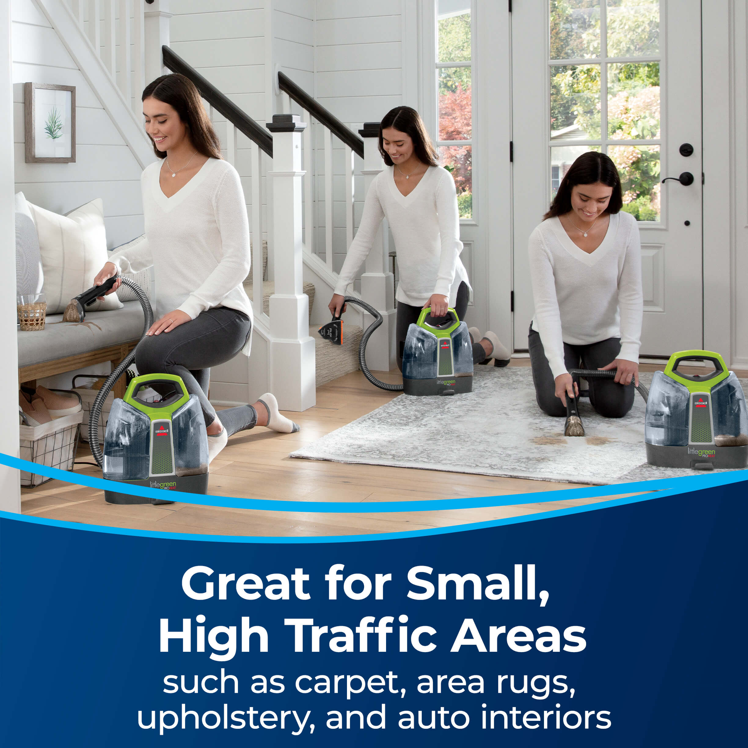 Using SpotClean Portable to clean stairs, upholstery,
                        and area rug. Text: Great for Small, High Traffic Areas such as carpet, area
                        rugs, upholstery, and auto interiors