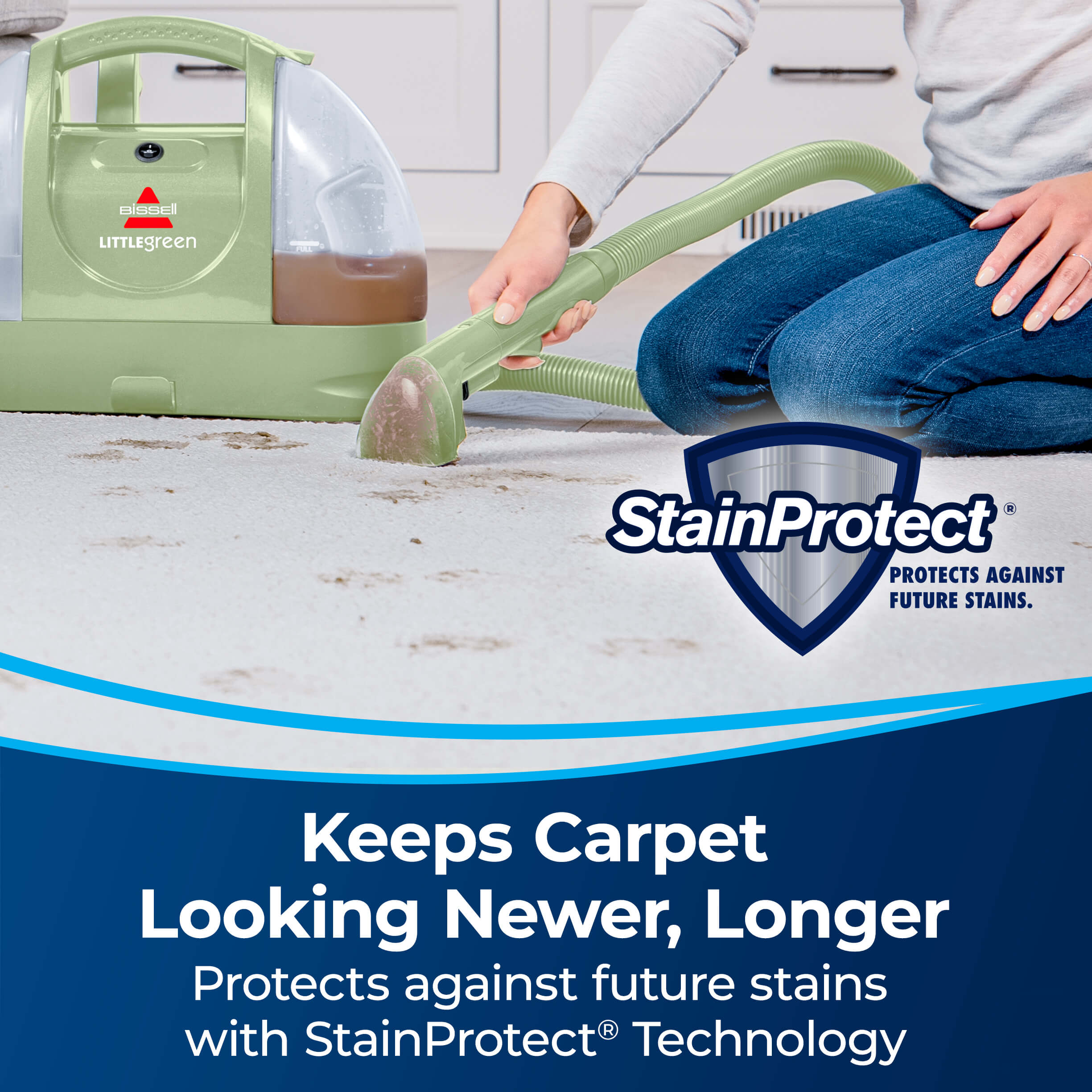 Little Green Cleaning Mud from carpet with Stain
                        Protect Logo. Text: Keeps Carpet Looking Newer, Longer Protects against
                        future stains with StainProtect Technology