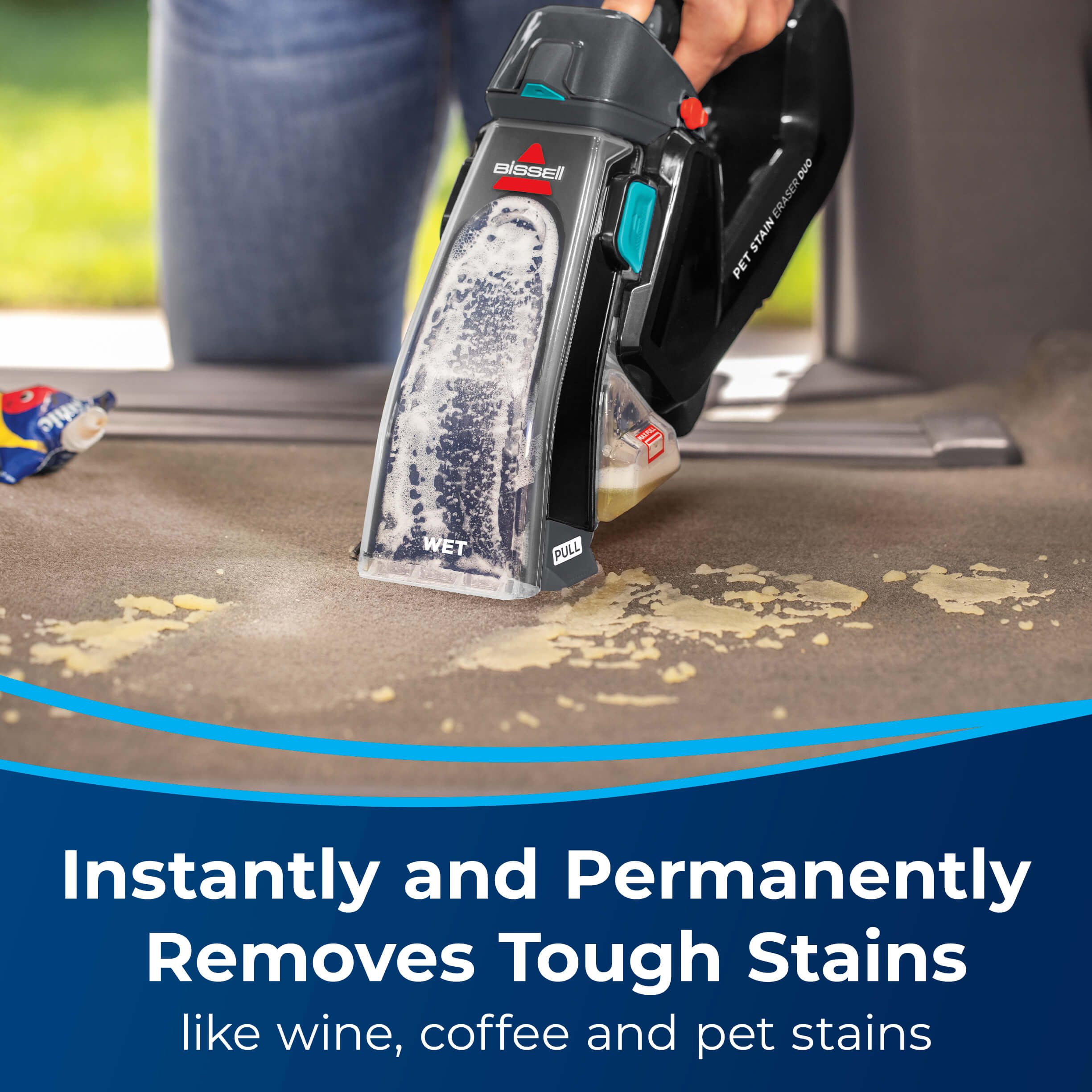 Pet Stain Eraser Cleaning spill in entry way.
                        Instantly and Permanently Removes Tough Stains like wine, coffee, and pet
                        stains