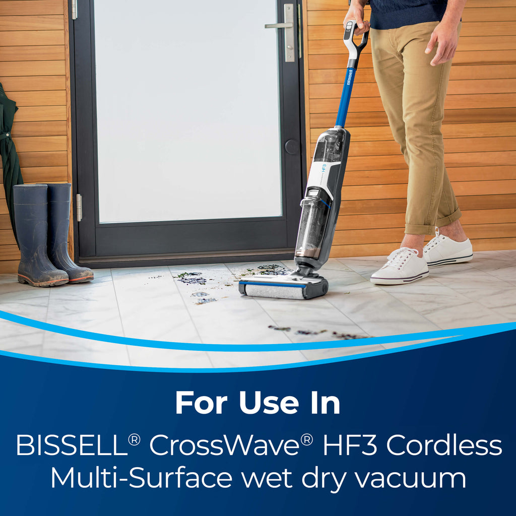 Using CrossWave HF3 to clean hard flooring in entry
                        way. Text: For Use In BISSELL CrossWave HF3 Cordless Multi-Surface wet dry
                        vacuum