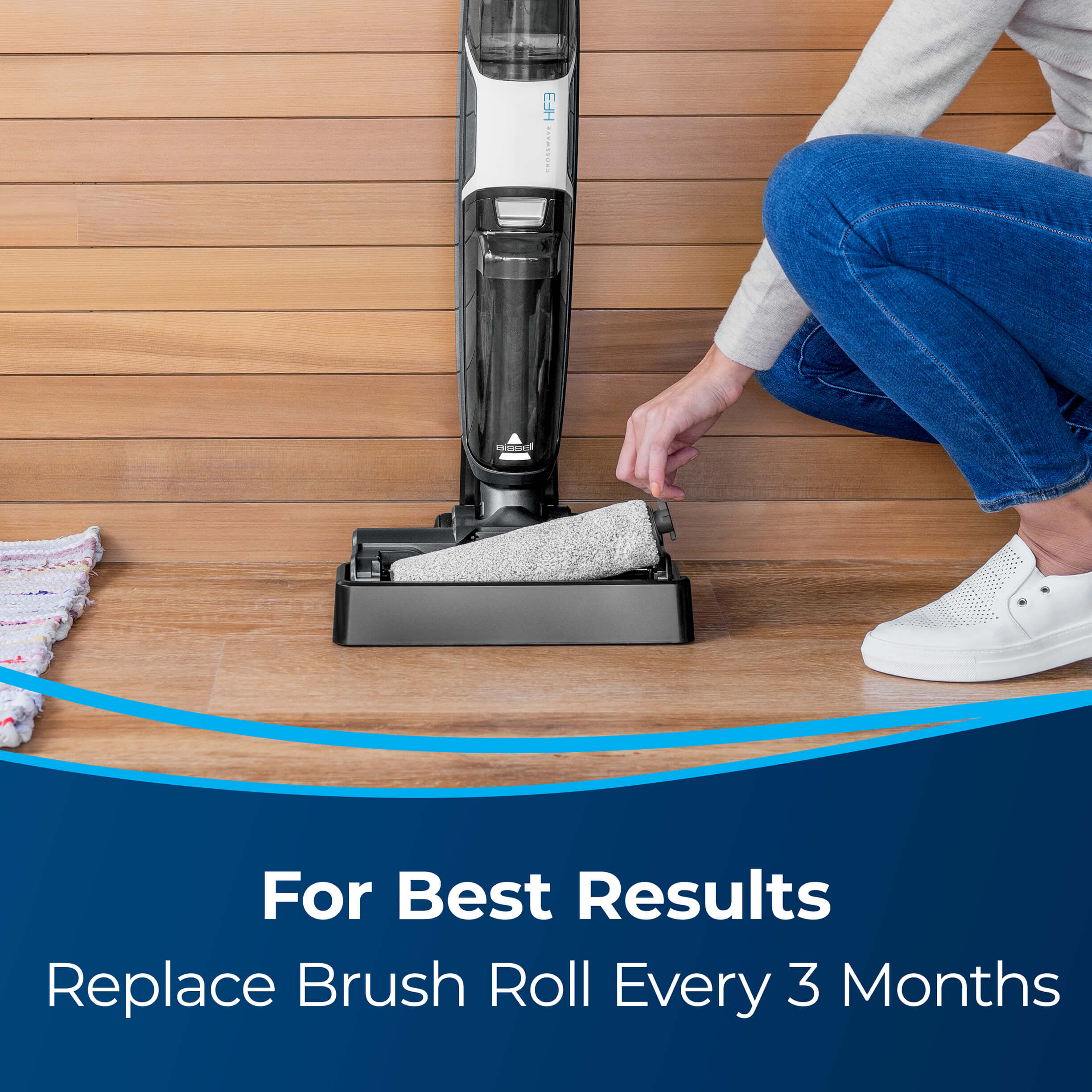 Removing Brush Roll from CrossWave HF3. Text: For Best
                        Results Replace Brush Roll Every 3 Months