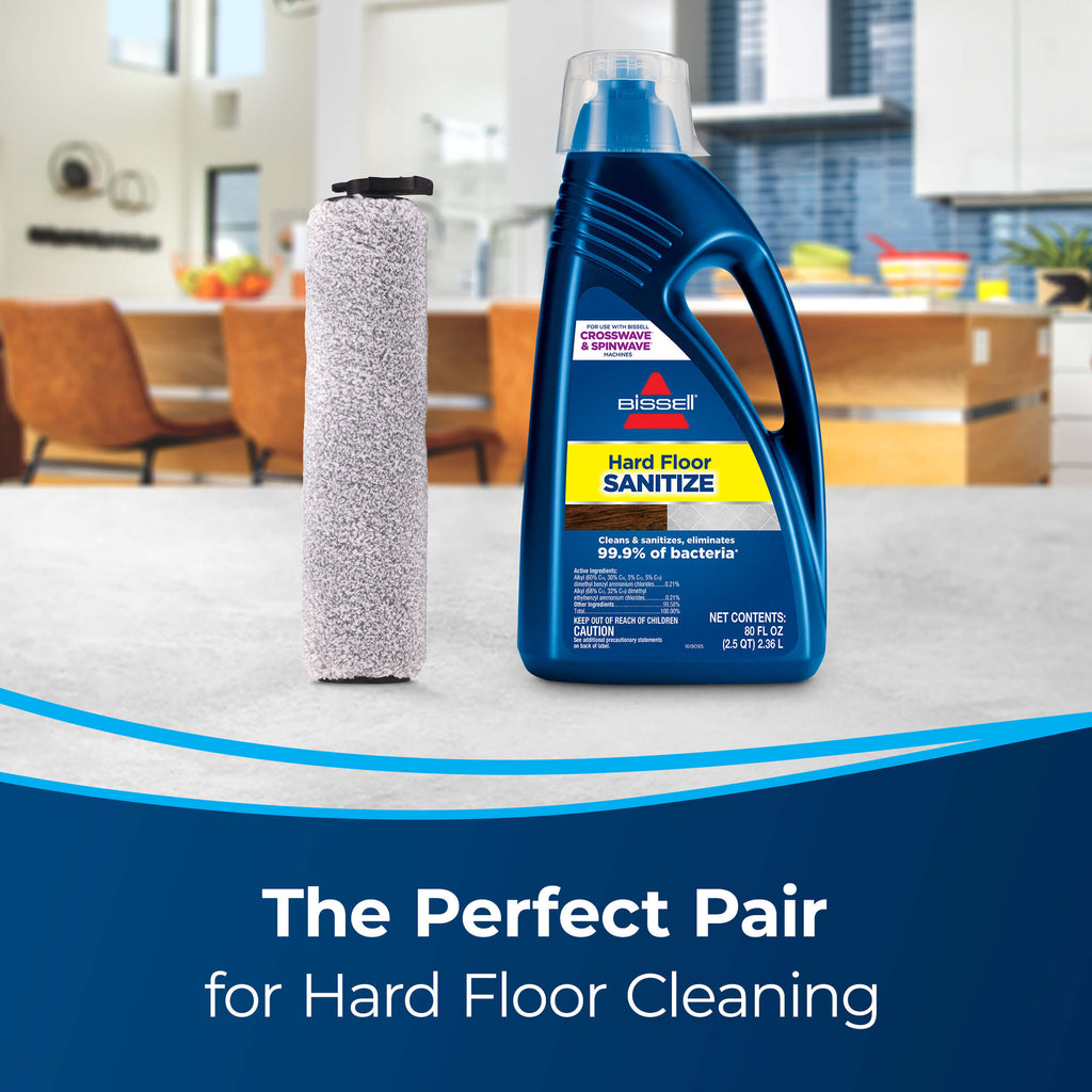 Hard Floors Brush Roll with Hard Floor Sanitize
                        Formula Bottle. Text: The Perfect Pair for Hard Floor Cleaning