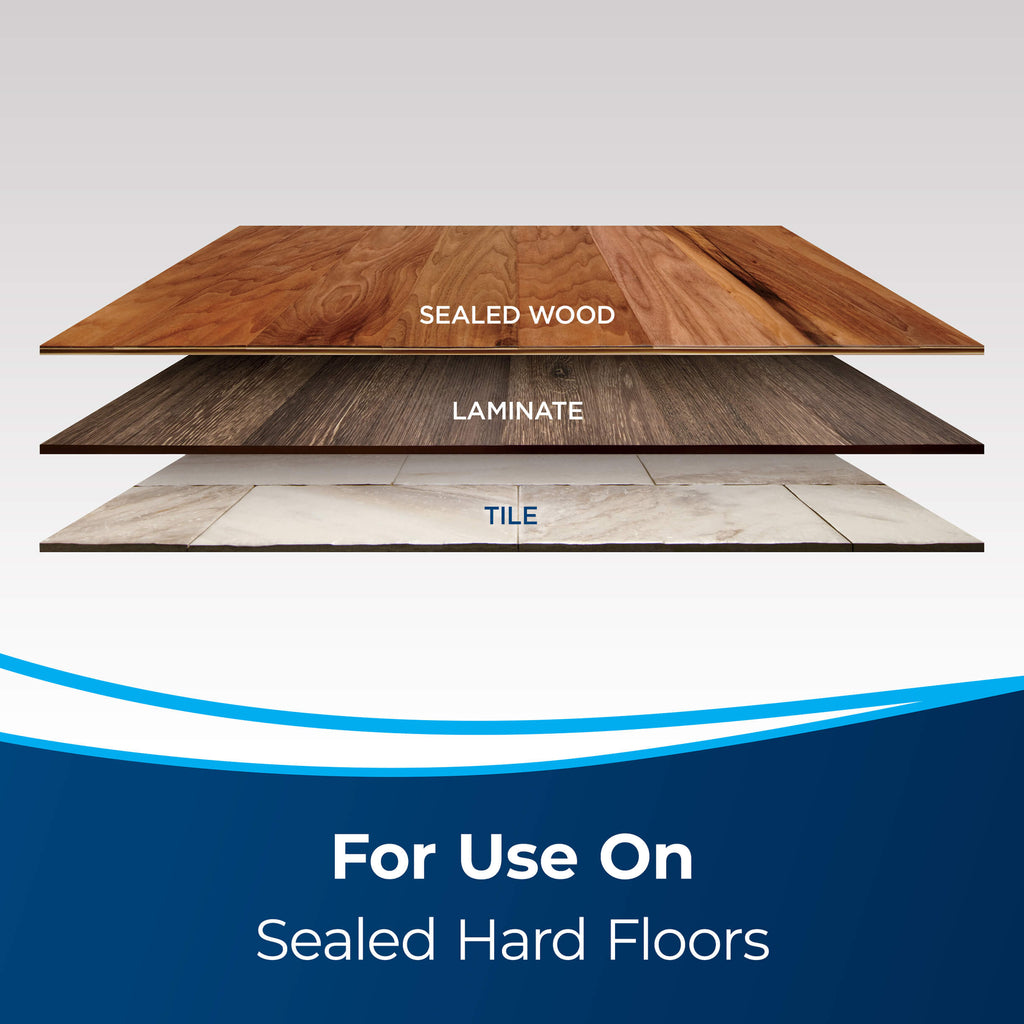 Three Different Hard Flooring Sealed Wood, Laminate,
                        Tile. Text: For Use On Sealed Hard Floors