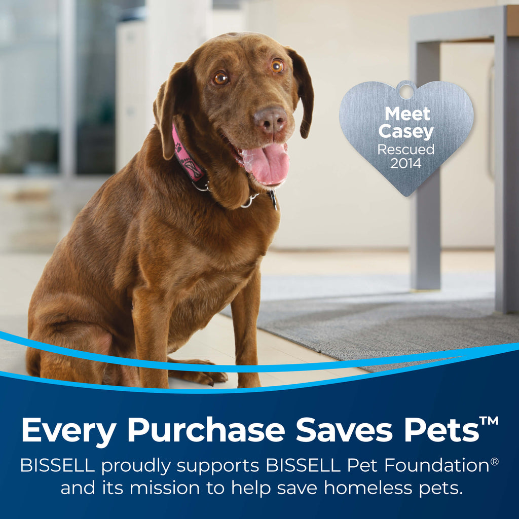 Dog with Heart Badge Meet Casey Rescued 2014. Text:
                        Every Purchase Saves Pets. BISSELL proudly supports BISSELL Pet Foundation
                        and its mission to help save homeless pets