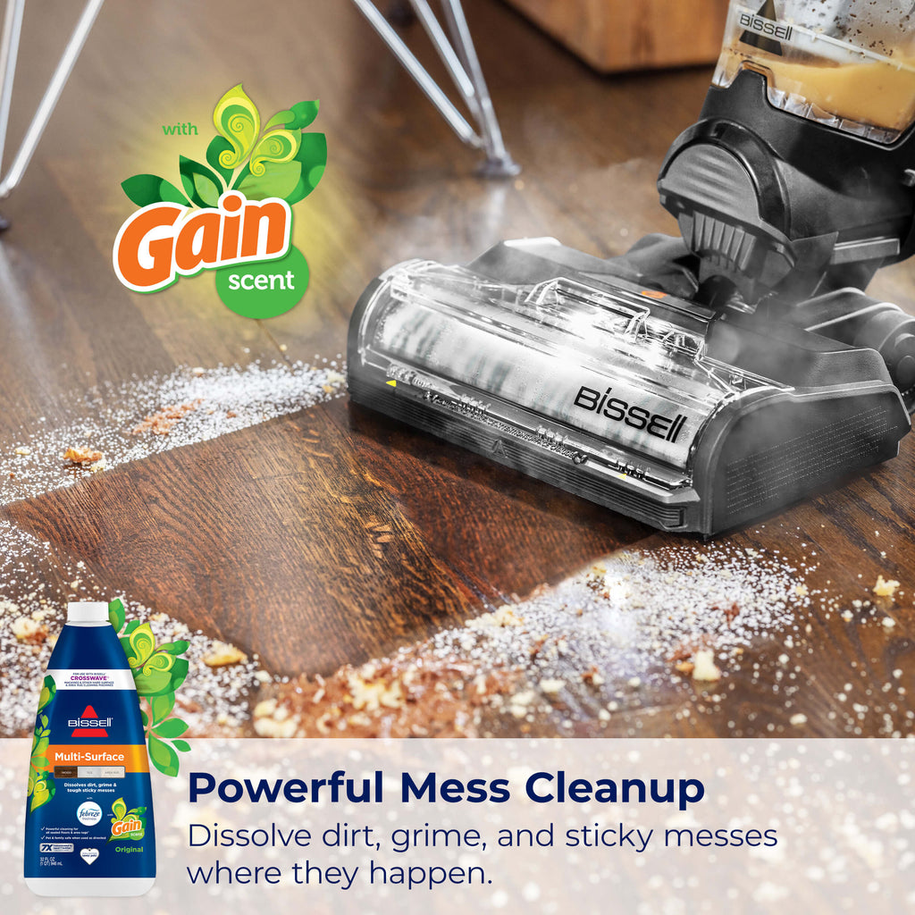 CrossWave cleaning spill on hard flooring with Gain
                        Logo in corner. Text: Powerful Mess Cleanup. Dissolve dirt, grime, and
                        sticky messes where they happen