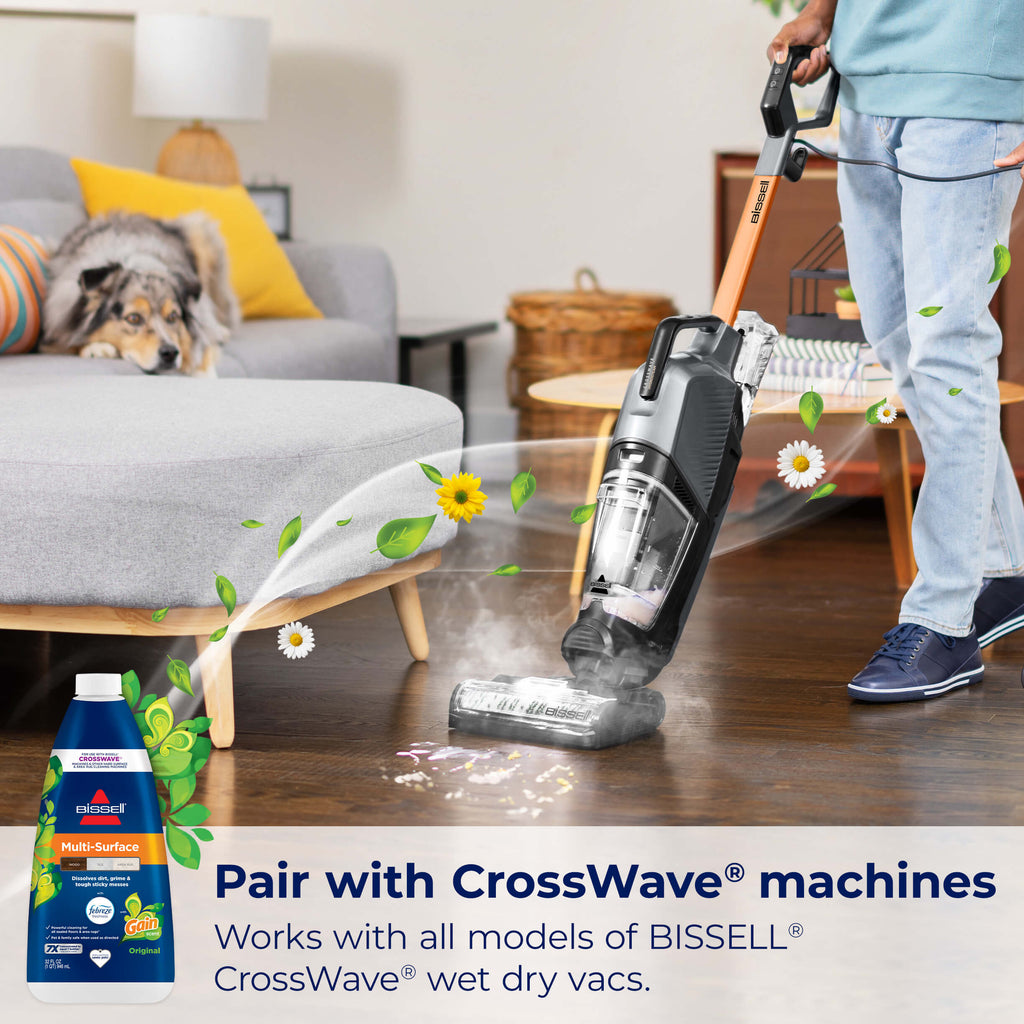 CrossWave cleaning wet spill from hard flooring. Text:
                        Pair with CrossWave machines Works with all models of BISSELL CrossWave wet
                        dry vacs