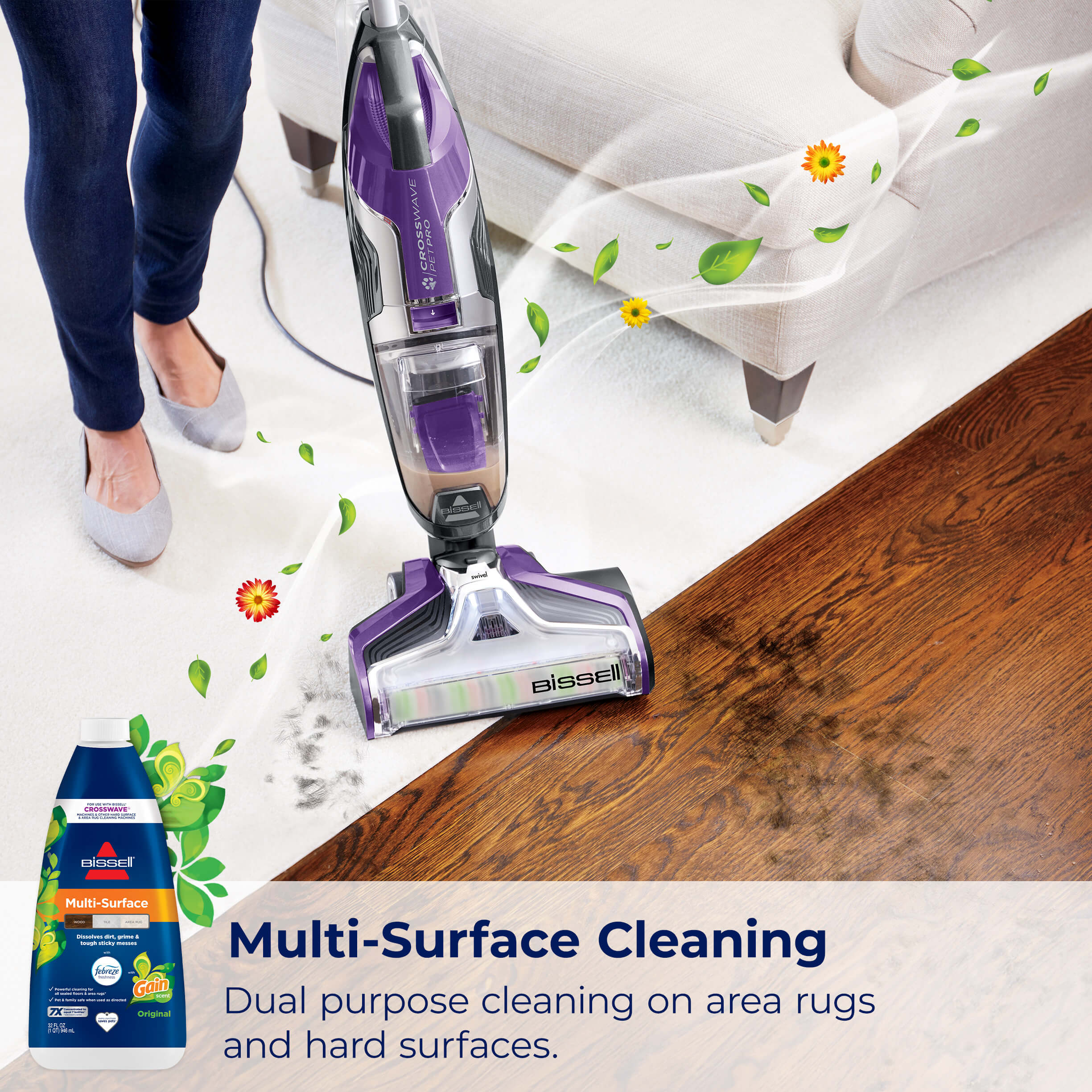 CrossWave moving from area rug to hard flooring. Text:
                        Multi-Surface Cleaning Dual purpose cleaning on area rugs and hard surfaces