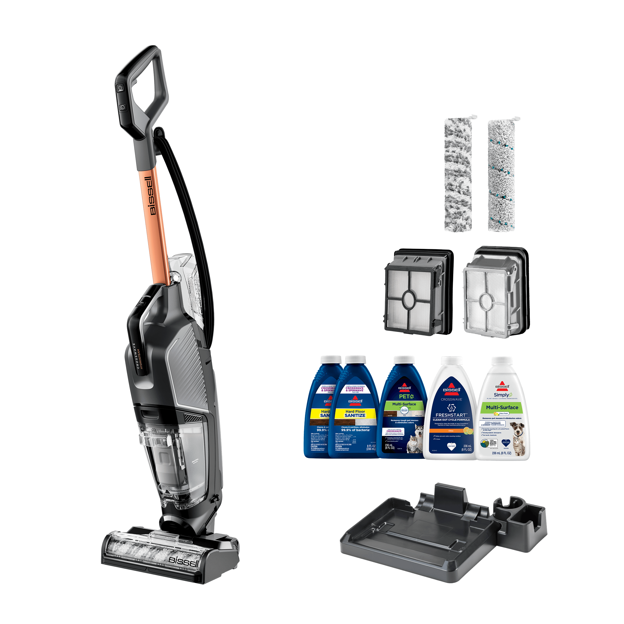 CrossWave HydroSteam with Pack-ins and added value                        pack-ins. Brush Rolls, Filters, Tray, Trial Size Formulas