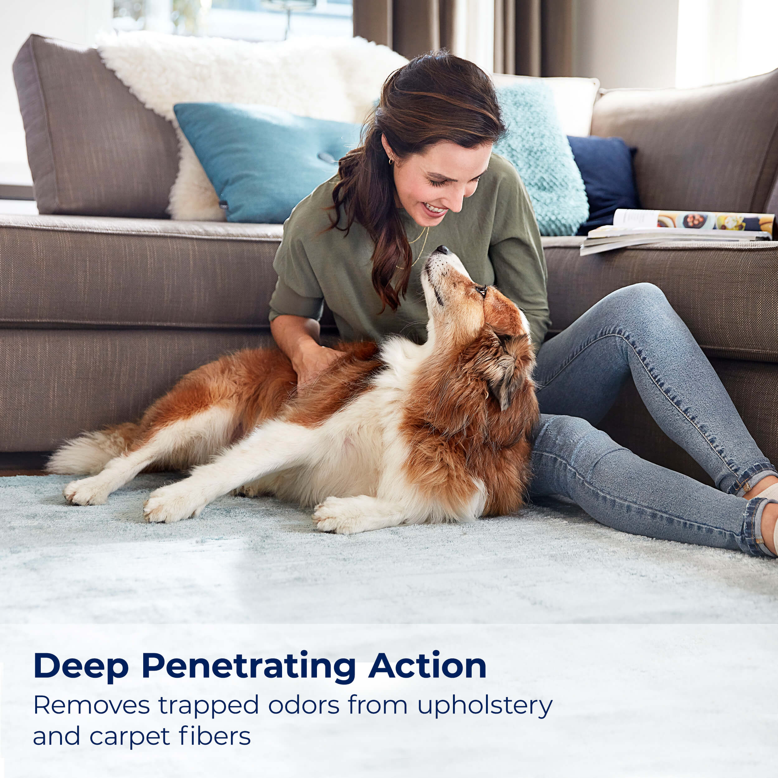Dog laying on floor with woman petting dog. Text: Deep
                        Penetrating Action Removes trapped odors from upholstery and carpet fibers.