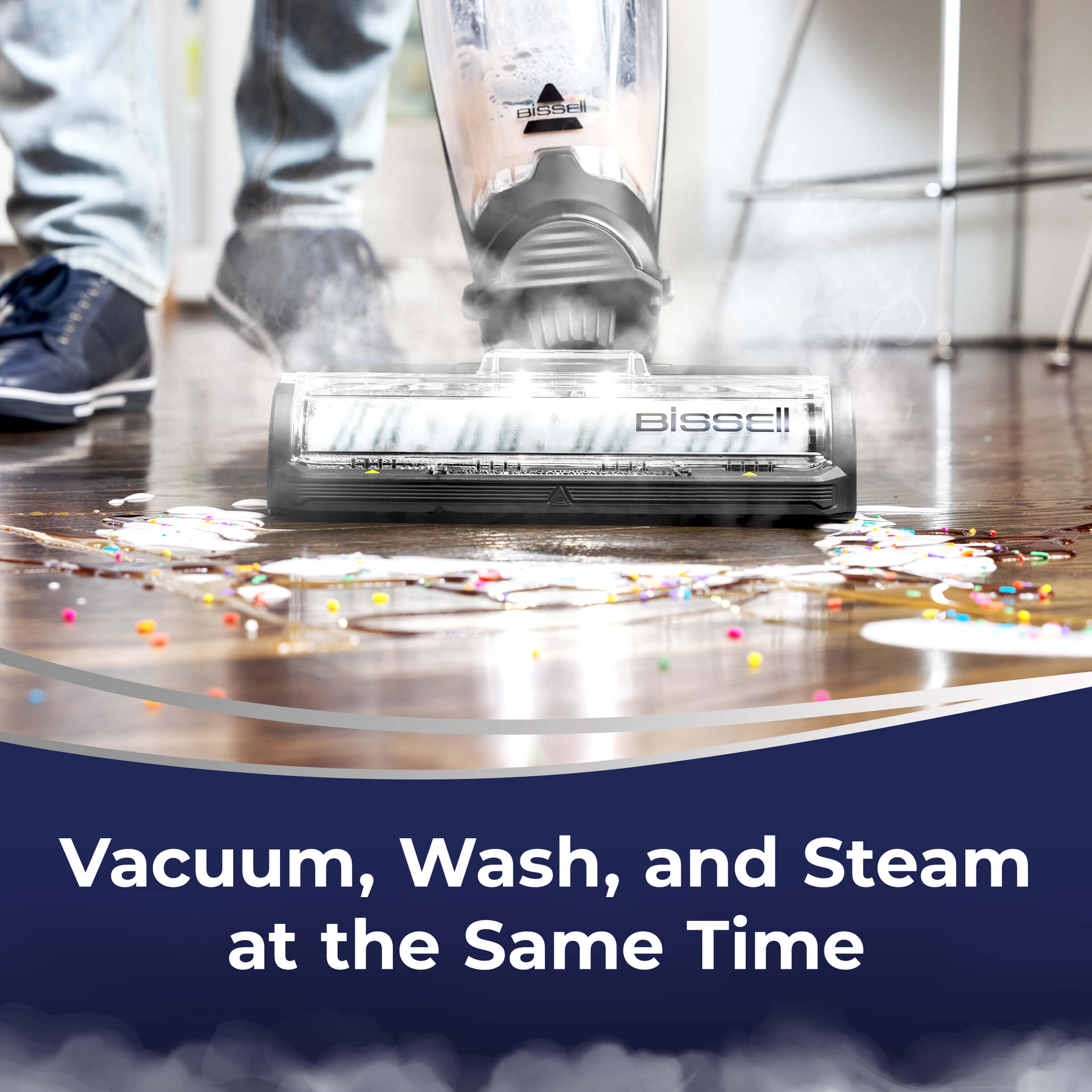 CrossWave HydroSteam cleaning spilled mess and
                        steaming floors. Text: Vacuum, Wash and Steam at the Same Time