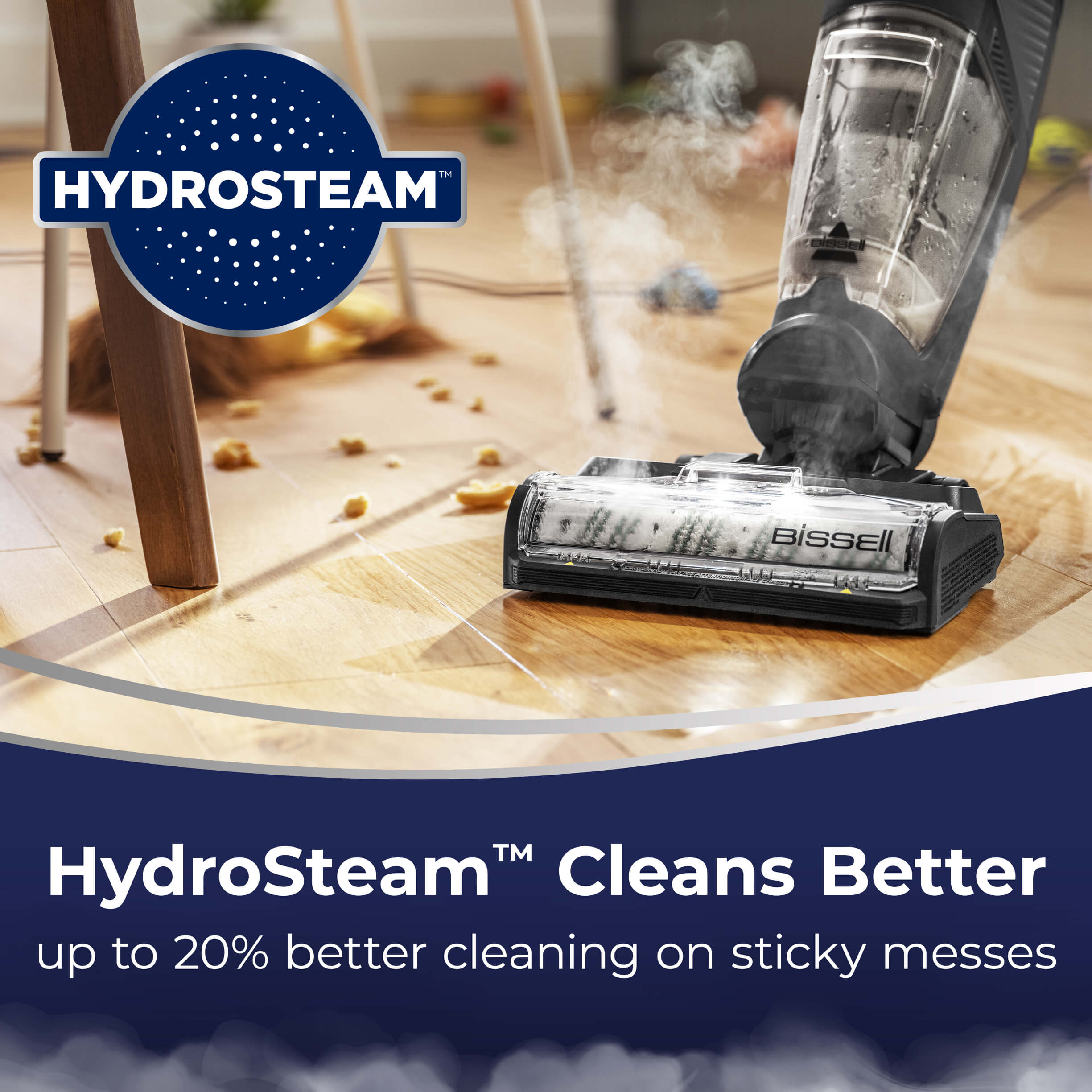 CrossWave HydroSteam Cleaning Up spilled dry mess from
                        hard flooring. Text: HydroSteam Technology up to 20% better cleaning on
                        sticky messes