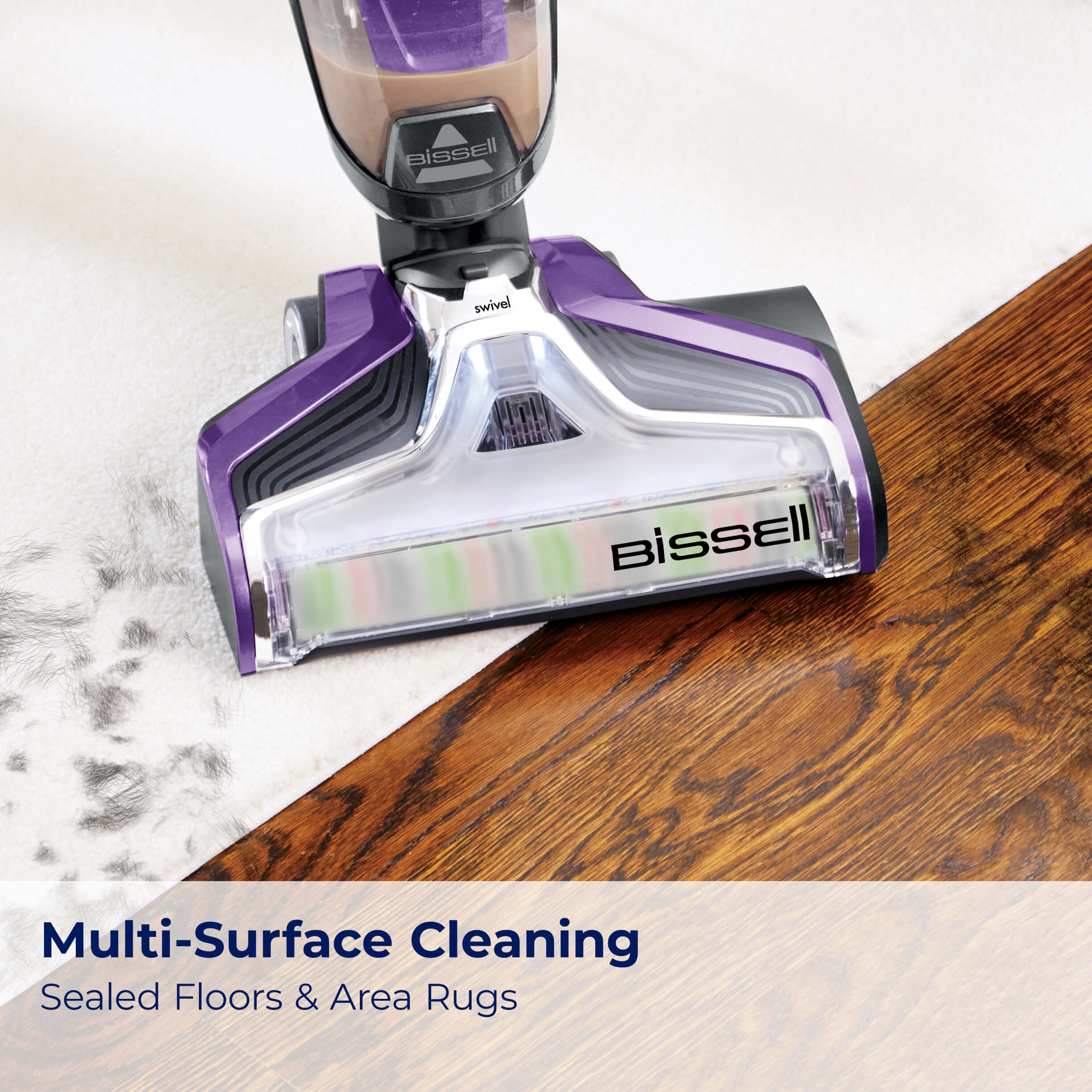 CrossWave Pet Pro switching from area rug to hard
                        flooring. Text: Multi-Surface Cleaning Sealed Floors and Area Rugs