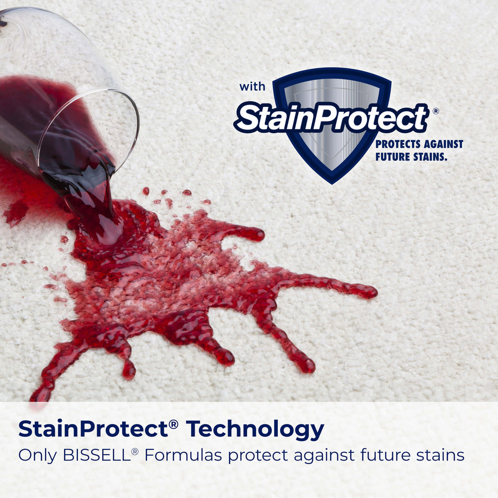 spilled wine on carpet with stain protect logo. Text:
                        StainProtect Technology Only BISSELL Formulas protect against future stains