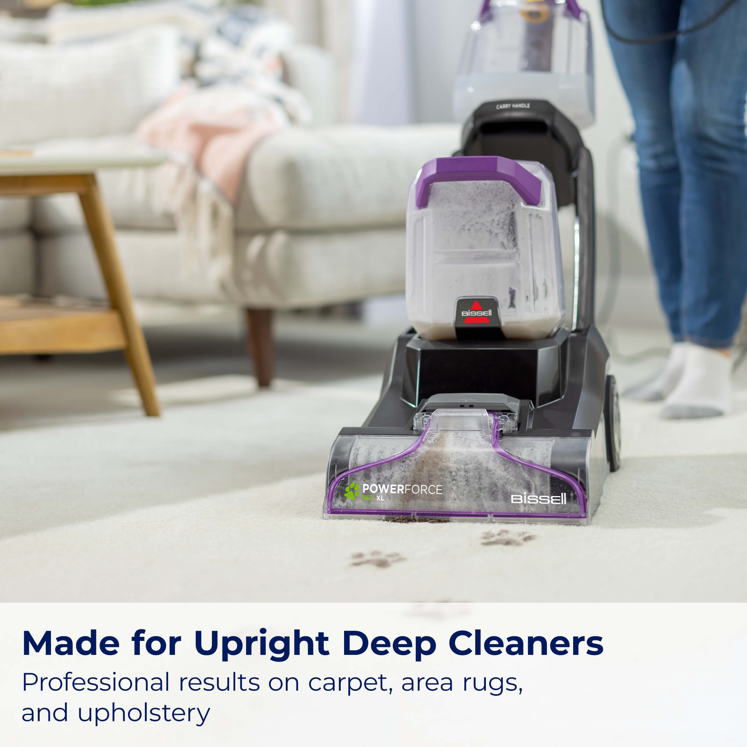 Upright Carpet Cleaner cleaning carpet. Text: Made for
                        Upright Deep Cleaners. Professional results on carpet, area rugs, and
                        upholstery