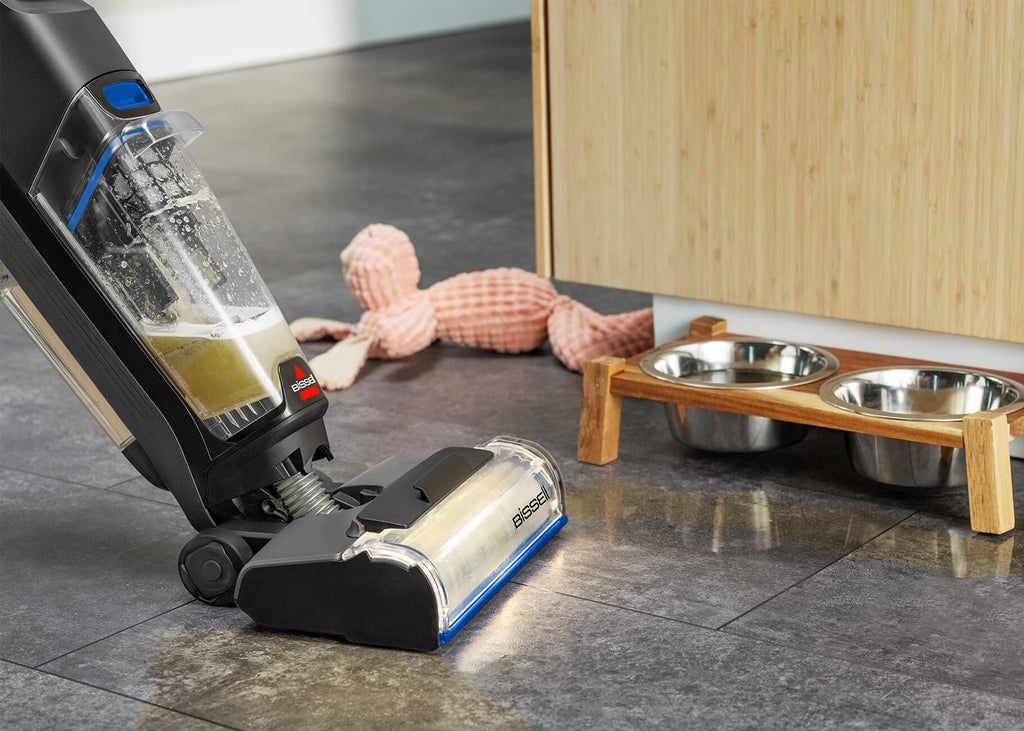 Using CrossWave to mop and vacuum near pet food bowls