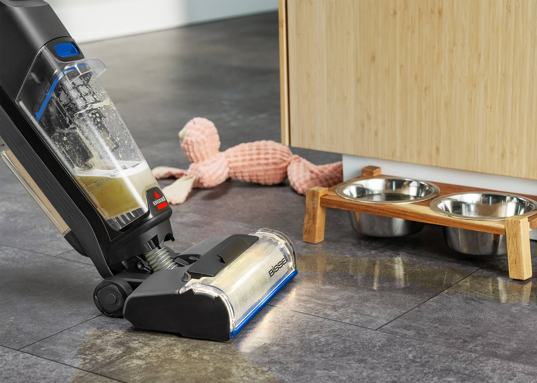 Using CrossWave to mop and vacuum near pet food bowls