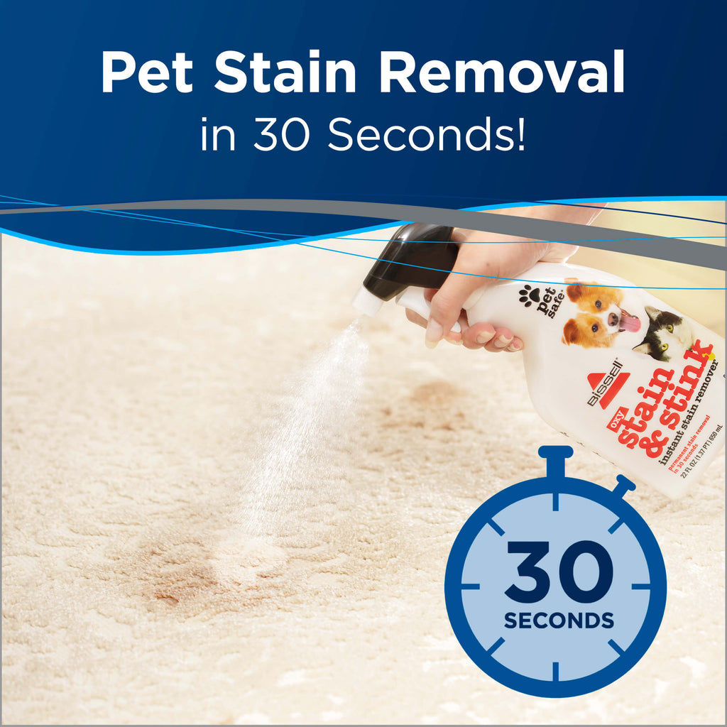 Spraying Stain & Stink 1921 on carpet. Text: Pet
                        Stain Removal in 30 Seconds!